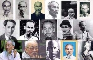 1. Nguyễn Sinh Cung, 1890. Đây là tên khai sinh tại làng Hoàng Trù, xã Chung Cự, tổng Lâm Thịnh, huyện Nam Đàn, tỉnh Nghệ An, nay thuộc xã Kim Liên, huyện Nam Đàn, tỉnh Nghệ An. 2. Nguyễn Sinh Côn. Trong một bài viết của Hồ Chí Minh, năm 1954, Hồ cũng ghi tên còn nhỏ của mình là Nguyễn Sinh Côn. 3. Nguyễn Tất Thành, 1901. Tháng 9, 1901, nhân dịp ông Nguyễn Sinh Sắc, cha Nguyễn Sinh Cung, chuyển về sống ở làng Kim Liên, ông có làm lễ “chào làng” cho hai con trai với tên mới là Nguyễn Tất Đạt (Sinh Khiêm) và Nguyễn Tất Thành (Sinh Cung). 4. Nguyễn Văn Thành 5. Nguyễn Bé Con. Trong tài liệu đề ngày 6 tháng 2, 1920 của Tổng đốc Vinh cung cấp về Nguyễn Sinh Sắc và hai con trai có ghi con trai thứ của Nguyễn Sinh Sắc là Nguyễn Bé Con. Tài liệu mật thám Pháp theo dõi hoạt động của Nguyễn Ái Quốc, bản ghi số 1116, 1931: Nguyễn Ái Quốc hay Nguyễn Tất Thành tức Nguyễn Sinh Côn hay Nguyễn Bé Con tức Lý Thụy… 6. Văn Ba, 1911. Ngày 5/6/1911 Nguyễn Tất Thành rời Việt Nam làm việc trên một chiếc Tàu Pháp. Trong sổ lương của tàu có tên Văn Ba. 7. Paul Tat Thanh, 1912. Ngày 15 tháng 12 năm 1912, Nguyễn Tất Thành từ New York gửi thư cho khâm sứ Trung Kỳ nhờ tìm địa chỉ của thân phụ là Nguyễn Sinh Huy. Lá thư ký tên Paul Tất Thành. 8. Tất Thành, 1914. Từ nước Anh Nguyễn Tất Thành gửi thư cho Phan Chu Trinh ký tên Tất Thành. Hiện có bốn lá thư được sưu tầm ký tên Tất Thành. Một thư ký Cuồng Điệt Tất Thành, ba thư ký C.Đ Tất Thành. 9. Paul Thanh, 1915. Ngày 16 tháng 4 năm 1915, Nguyễn Tất Thành viết thư cho toàn quyền Đông Dương qua lãnh sự Anh tại Saigon nhờ tìm địa chỉ cha mình. Thư ký tên Paul Thanh. 10. Nguyễn Ái Quốc, 1919. Tên này có khi Nguyễn Tất Thành ở Pháp cùng sinh hoạt chung với nhóm người gồm các ông Phan Chu Trinh, Phan Văn Trường, Nguyễn Thế Truyền, Nguyễn An Ninh. Nguyễn Tất Thành là người đến gia nhập nhóm sau cùng. 11. Phéc-đi-năng 12. Albert de Pouvourville, 1920. Báo Điện Tín Thuộc Địa có truyền đơn trích đoạn từ nhiều tờ báo có liên quan tới vấn đề Đông Dương. Người đăng ký tên Albert de Pouvourville. 13. Nguyễn A.Q., 1921-1926. Hai bài báo ký tên Nguyễn A.Q. có tựa “Hãy Yêu Mến Nước Pháp, Người Bảo Hộ Các Anh.” đăng trên báo Người Tự Do, ngày 7 đến 10, 1921. Nguyễn A.Q. còn được ký dưới tranh biếm hoạ ngày 1 tháng 8 năm 1926. 14. Culixe, 1922. Nguyễn Ái Quốc ký bút danh Culixe trong một bài viết trên L’Humanité ngày 18 tháng 3 năm 1922. 15. N.A.Q., 1922. Bút danh này trên báo Le Paria và L’Humanité từ 1922-1930. 16. Ng.A.Q., 1922. Bút danh này trên báo Le Paria từ 1922-1925. 17. Henri Tran, 1922. Henri Tchen là tên ghi trong thẻ đảng viên Đảng Cộng Sản Pháp của Nguyễn Ái Quốc. Số thẻ: 13861. 18. N., 1923. Nguyễn Ái Quốc dùng bút danh N. trong các năm 1923-1928 trên Le Paria. 19. Chen Vang, 1923. Ngày 13 tháng 6 năm 1923, Nguyễn Ái Quốc bí mật rời Paris đi Liên Sô, Tổ Quốc Cách Mạng. Ngày 16 tháng 6 năm 1923, Nguyễn Ái Quốc đến nước Đức. Tại đây, Nguyễn được cơ quan đặc mệnh toàn quyền Cộng Hòa Xã Hội Chủ Nghiã Sô Viết Liên Bang tại Berlin cấp cho giấy đi đường số 1829. Trong giấy này Nguyễn Ái Quốc mang tên Chen Vang. 20. Nguyễn, 1923. Bút danh này trong các năm 1923, 1924, 1928 trên Le Paria. 21. Chú Nguyễn, 1923. Thư này Nguyễn Ái Quốc gửi đến các bạn cùng hoạt động tại Pháp trước khi rời Paris đi Liên Sô. 22. Lin, 1924. Nguyễn Ái Quốc dùng tên Lin trong thời gian ở Liên Sô từ 1923-1924 và 1934-1939. Tên Lin xuất hiện lần đầu tiên trong bức điện thư gửi Ban Phương Đông của Quốc Tế Cộng Sản, đề ngày 14 tháng 4, 1924. Tháng 10 năm 1934, Lin được nhận vào trường Quốc Tế Lenin Liên Sô, năm học 1934-1935. Tên Lin số hiệu 375. Tháng 8 năm 1935, Lin dự đại hội lần thứ VII của Quốc Tế Cộng Sản. 23. Ái Quốc, 1924. Ái Quốc là tên ghi trong thẻ dự đại hội V Quốc Tế Cộng Sản, tháng 6 năm 1924. Tháng 8 năm 1927 Nguyễn Ái Quốc gửi đồng chí Francois Billous tấm bưu ảnh, trong đó ký tên Ái Quốc. Sau này còn một số thư khác với tên Ái Quốc. 24. Un Annamite, 1924. Bút danh Annamite được ký dưới một bài viết trên Le Paria. 25. Loo Shing Yan, 1924. Bài “Thư Từ Trung Quốc, số 1”, ngày 12 tháng 11 năm 1924, Nguyễn Ái Quốc viết về phong trào cách mạng Trung Quốc, sự thức tỉnh, giác ngộ cách mạng cho phụ nữ Trung Quốc, gửi tạp chí Rabotnhitxa. Trong bài này, Nguyễn Ái Quốc ký tên Loo Shing Yan, một nữ đảng viên Quốc Dân Đảng. Nguyễn Ái Quốc gửi thư cho ban biên tập tạp chí, ngày 12 tháng 11 năm 1924, giải thích: “Khi tôi còn ở Quốc Tế Cộng Sản, tôi rất phấn khởi được đôi lần cộng tác với tờ báo của các đồng chí. Nay muốn tiếp tục sự cộng tác ấy. Nhưng vì tôi ở đây hoạt động bất hợp pháp, cho nên tôi gửi bài cho các đồng chí dưới hình thức “Những bức thư từ Trung Quốc” và ký tên một phụ nữ. Tôi nghĩ rằng làm như vậy bài viết có tính chất độc đáo hơn và phong phú hơn đối với độc giả, đồng thời cũng đảm bảo giữ được tên thật của tôi”. 26. Ông Lu, 1924. Ngày 12 tháng 11 năm 1924, Nguyễn Ái Quốc viết thư gửi cho một đồng chí trong Quốc Tế Cộng Sản báo tin ông Lu đã đến Quảng Châu, Trung Quốc. Cuối thư đề điạ chỉ liên lạc: Ông Lu, Hãng thông tấn Roxta, Quảng Châu, Trung Quốc. Sau này trong nhiều thư khác Nguyễn Ái Quốc cũng ghi địa chỉ liên lạc là Ông Lu. 27. Lý Thụy, 1924. Nguyễn Ái Quốc dùng bí danh Lý Thụy trong thời gian hoạt động ở Trung Quốc. Ngày 11 tháng 11 năm 1924, Nguyễn Ái Quốc đến Quảng Châu với các giấy tờ tùy thân mang tên Lý Thụy. Trong bức thư gửi Quốc Tế Cộng Sản, ngày 18 tháng 12 năm 1924, Nguyễn Ái Quốc ghi ở cuối thư: “Trong lúc này tôi là một người Trung Quốc, chứ không phải là một người An Nam, và tên tôi là Lý Thụy chứ không phải là Nguyễn Ái Quốc”. 28. Lý An Nam, 1924-1925. Nguyễn Ái Quốc hoạt động ở Quảng Châu với bí danh Lý Thụy, làm phiên dịch trong văn phòng của Đoàn cố vấn Sô Viết. Lý Thụy cũng có biệt danh là Lý An Nam lúc này. 29. Nilopxki (N.A.Q.), 1924. Cuối năm 1924, Nguyễn Ái Quốc tới Quảng Châu, Trung Quốc, làm việc tại cơ quan của Borodin. Hiện sưu tầm được tất cả 6 lá thư Nguyễn Ái Quốc ký tên Nilopxki. 30. Vương, 1925. Là giảng viên huấn luyện chính trị tại Quảng Châu, Nguyễn Ái Quốc lấy tên là Vương. Vương cũng là bí danh để bắt liên lạc với Nguyễn Lương Bằng ở Trung Quốc, 1925. 31. L.T., 1925. Nguyễn Ái Quốc ký tên L.T. gửi thư cho ông H (Thượng Huyền) ngày 9 tháng 4 năm 1925. Sau ngày Nguyễn Ái Quốc còn viết khoảng 15 bài trên báo Nhân Dân với bút hiệu L.T. từ các năm 1949, 1957, 1958, 1960. 32. Howang T.S., 1925. Ngày 2 tháng 5 năm 1925, Nguyễn Ái Quốc lấy bút hiệu Howang viết về đại hội công nhân và nông dân. 33. Z.A.C., 1925. Bút hiệu này được đăng trên báo Thanh Niên. 34. Lý Mỗ, 1925. Báo Công Nhân Chi Lộ Đặc Hiệu, số 20, ra ngày 14 tháng 7 năm 1925, đã đưa tin một người Việt Nam gia nhập đội diễn thuyết và để giữ bí mật, Nguyễn Ái Quốc có tên là Lý Mỗ. 35. Trương Nhược Trừng, 1925. 36. Vương Sơn Nhi, 1925. Viết trên báo Thanh Niên với bút danh Vương Sơn Nhi, Trương Nhược Trừng. 37. Vương Đạt Nhân, 1926. Với bút danh này, Nguyễn Ái Quốc được Đoàn Chủ Tịch Đại Hội đại biểu toàn quốc lần thứ 2 của Quốc Dân Đảng Trung Quốc mời đến dự và phát biểu ý kiến. Ngày họp là 14 tháng 1 năm 1926. 38. Mộng Liên, 1926. Mộng Liên được ký dưới bài viết “Mục Dành Cho Phụ Nữ” đăng trên báo Thanh Niên, số 40, ngày 4 tháng 4 năm 1926. 39. X., 1926. Bút danh này dùng trong các năm 1926, 1927. X. viết loạt bài nhan đề “Các Sự Biến Ở Trung Quốc”, đăng trên 7 số báo L’Annam. 40. H.T., 1926. Cùng với bút danh Mộng Liên, H.T. là bút danh của Nguyễn Ái Quốc viết bài cho báo Thanh Niên. “Còn một số bút danh khác như Hạ Sĩ, Hương Mộng, Diệu Hương v.v.. có thể cũng là bút danh của Nguyễn Ái Quốc, bởi lúc đó chưa có nhiều người viết bài cho báo Thanh Niên”. 41. Tống Thiệu Tổ, 1926. Theo hồi ký của một số người hoạt động ở Quảng Châu, Trung Quốc, Tống Thiệu Tổ là bí danh của Nguyễn Ái Quốc khi ông ta hoạt động ở Quảng Châu, Trung Quốc. 42. X.X., 1926. Nguyễn Ái Quốc ký bút danh này trên một bài đăng trong Inprekorr, số 91, ngày 14 tháng 8 năm 1926. 43. Wang, 1927. Bài viết dưới bút danh Wang được đăng trên Thư Tín Quốc Tế (Inprekorr). 44. N.K., 1927. Cũng trong Thư Tín Quốc Tế. 45. N. Ái Quốc, 1927. 46. Liwang, 1927. Ngày 16 tháng 12 năm 1927, từ Berlin Nguyễn Ái Quốc viết thư cho Đoàn Chủ Tịch Quốc Tế Nông Dân, đề nghị giúp đỡ tiền để về nước. Thư viết: “Trong 2 hoặc 3 tuần nữa tôi sẽ trở về đất nước tôi. Chuyến đi của tôi tốn chừng 500 dollars Mỹ. Vì tôi không có tiền nên tôi mong các đồng chí giúp tôi”. Thư ký tên N. Ái Quốc. Trong thư, Nguyễn Ái Quốc đề nghị nếu có tiền xin gửi đến Uỷ Ban Trung Ương của Đảng Cộng Sản Đức, chuyển cho “Liwang.” 47. Ông Lai, 1927. Cũng trong thư gửi Đoàn Chủ Tịch Quốc Tế Nông Dân, ngày 16 tháng 12 năm 1927, Nguyễn Ái Quốc ghi địa chỉ trả lời thư: M. Lai, chez M. Eckshtein, 21, Halle Chactrasse, Berlin. 48. A.P., 1927. A.P. viết bài “Văn Minh Pháp ở Đông Dương” trên Inprekorr. 49. N.A.K., 1928. Trong thư gửi Quốc Tế Nông Dân đề ngày 3 tháng 2 năm 1928. 50. Nguyễn Lai, 1928. Với thẻ nhập cảnh mang tên Nguyễn Lai, một Hoa kiều, Nguyễn Ái Quốc đặt chân tới đất Xiêm (Thái Lan). 51. Thọ, 1928 52. Nam Sơn, 1928. Tại Thaí Lan khi họp với người Việt cư ngụ tại Thái Lan, Nguyễn Ái Quốc tự giới thiệu là Thọ, biệt hiệu Nam Sơn. 53. Chín (Thầu Chín), 1928. Đầu tháng 8 năm 1928, Nguyễn Ái Quốc tới Udon, Thái Lan, ông lấy tên là Chín. Mọi người gọi là Thầu Chín hay ông già Chín. 54. Victor Lebon, 1930. Victor Lebon, 123 av. de la République, Paris, France là điạ chỉ Nguyễn Ái Quốc ghi để nhận thư của đại diện Đảng Cộng Sản Pháp tại Quốc Tế cộng Sản và các đồng chí trong Đảng Cộng Sản Liên Sô. Ngày 27 tháng 2 năm 1930, Nguyễn Ái Quốc gủi thư cho đại diện Đảng Cộng Sản Pháp tại Quốc Tế Cộng Sản thông báo về việc Đảng Cộng Sản Việt Nam được thành lập, yêu cầu được cung cấp tài liệu để tuyên truyền và giáo dục, đồng thời đề nghị Đảng Cộng Sản Pháp giúp đỡ v.v.. Nguyễn Ái Quốc ghi điạ chỉ nhận thư của mình như ghi trên. 55. Ông Lý(Lee), 1930. Mr. Lee, The HongKong Shiao Fih Pao, 53, Wyndham Str, HongKong là tên và địa chỉ để nhận sách báo. Với tên và địa chỉ này Nguyễn Ái Quốc gửi cho đại diện Đảng Cộng Sản Mỹ ngày 27 tháng 2 năm 1930. 56. Ng. Ái Quốc, 1930. 57. L.M.Vang, 1930. Ngày 27 tháng 2 năm 1930, Nguyễn Ái Quốc gửi thư cho văn phòng đại diện Đảng Cộng Sản Đức ở Quốc Tế Cộng Sản đề nghị xin cho ông ta một giấy chứng nhận là phóng viên báo Thế Giới. Thư ký tên Ng. Ái Quốc. Trong thư ông viết: “ Trong hoàn cảnh tôi sống không hợp pháp, tôi cần có một nghề để nói với người khác. Tội đóng vai phóng viên báo chí. Nhưng cần phải chứng thực danh nghĩa đó của tôi. Trong số tất cả các báo của Đảng chúng ta, tôi thấy chỉ có mỗi một tờ báo không mang cái tên “có tính chất lật đổ” và có thể cấp cho tôi một giấy chứng nhận thuận tiện, đó là báo Thế Giới. Tôi đề nghị các đồng chí xin cho tôi một giấy chứng nhận là phóng viên báo Thế Giới. Tên của tôi sẽ là L.M. Wang.” 58. Tiết Nguyệt Lâm, 1930. Cũng trong thư Nguyễn Ái Quốc xin giấy chứng nhận là phóng viên báo Thế Giới, ông ghi địa chỉ để nhận là: Mr. Sit-yet-um, Wah-jon C, 136 wanchai R, HongKong. 59. Paul, 1930. Ngày 27 tháng 2 năm 1930, Nguyễn Ái Quốc viết thư gửi đồng chí Sota, liên đoàn chống đế quốc tại Berlin, thông báo về việc Đảng Cộng Sản Việt Nam đã được thành lập. Thư ký tên Paul. Còn một số thư khác cũng được ký tên Paul. 60. T.V. Wang, 1930. Ngày 2 tháng 3 năm 1930, Nguyễn Ái Quốc viết thư gửi Ban Phương Đông, Quốc Tế Cộng Sản báo cáo về tình hình Mã Lai, Đông Dương và việc gửi 3 học sinh đi học. Cuối thư đề nghị “có thể mua cho tôi hối phiếu của công ty xe lửa tốc hành Mỹ đề tên T.V.Wang và gửi bưu điện cho tôi.” 61. Công Nhân, 1930. Bút danh này trong bài viết “Tranh Thủ Quần Chúng Như Thế Nào?” đăng trên báo Vô Sản, cơ quan ngôn luận của Đảng Cộng Sản Việt Nam, số 1, ra ngày 31 tháng 8 năm 1930. 62. Victo, 1930. Bí danh Victo trong bức thư đề ngày 29 tháng 9 năm 1930 gửi Ban Chấp Hành Quốc Tế Cộng Sản báo cáo về cuộc đấu tranh từ ngày 11 đến 17 tháng 9 năm 1930 của nông dân các tỉnh Thanh Chương, Hưng Nguyên, Nghệ An…. 63. V., 1931. Ngày 19 tháng 2 năm 1931, với bí danh V., Nguyễn Ái Quốc viết bài “Nghệ Tỉnh Đỏ”. V. đồng thời gửi báo cáo cho Ban Phương Đông, ngày 8 tháng 2 năm 1931, liên quan đến chỉ thị việc tổ chức Đảng Cộng Sản Đông Dương. 64. K., 1931. Nguyễn Ái Quốc viết thư gửi Ban Phương Đông ngày 21 tháng 2 năm 1931, ký tên K., trong thư báo tin Lý Tự Trọng bắn chết mật thám Legrant và đã bị bắt. Nguyển Ái Quốc đề nghị Ban Phương Đông liên lạc với Đảng Cộng Sản Pháp tổ chức biểu tình đòi thả Lý Tự Trọng. 65. Đông Dương, 1931. Bút hiệu này được đăng trên bài viết “Kỷ Niệm Một Năm Khởi Nghĩa Yên Bái” đăng trên Tạp Chí Thư Tín Quốc Tế, 1931, số 12. 66. Quac E. Wen, 1931. 67. K.V., 1931. Nguyễn Ái Quốc dùng bí danh K.V. từ 1931. Bí danh này được nhắc đến trong thư gửi Ban Chấp Hành Trung Ương Đảng Cộng Sản Đông Dương. Đầu thư đề ngày 23 tháng 4, cuối thư đề 24 tháng 4. K.V. thông báo những cán bộ được cử về nước theo đường dây liên lạc, nhắc nhở công tác bảo vệ Đảng, giữ gìn bí mật, duy trì chế độ báo cáo giữa Đảng Cộng Sản Đông Dương với Quốc Tế Cộng Sản và đề nghị Trung ương ghi nhận nhiệm vụ của mình đã được Ban Phương Đông xác định. Năm 1959, K.V. trong bài “Người Cháu Nuôi của Bác” đăng trên báo Nhân Dân ngày 27 tháng 12 năm 1959. 68. Lão Trịnh, 1931. Trong báo cáo của cơ quan an ninh Pháp về hoạt động của Nguyễn Ái Quốc, thời gian trước khi bị bắt ở Hongkong (1918/1931), có một đọan ghi như sau: “ghi chú về vấn đề người cộng sản An Nam Nguyễn Ái Quốc tức Nguyễn Tất Thành, gọi là Lý Thụy, Vương Sơn Nhi, Lão Trịnh, Năm, Lý Phát, Viên, Tống Văn Sơ bị bắt ở phố Cửu Long ngày 6 tháng 6 năm 1931”. 69. Năm, 1931. 70. Lý Phát, 1931. 71. Viên, 1931. 72. Tống Văn Sơ, 1931. Tống Văn Sơ là tên ghi trong thẻ căn cước của Nguyễn Ái Quốc khi ông ta bị bắt ở số 186, phố Tam Lung, Hongkong, ngày 6 tháng 6 năm 1931. “Một chiến dịch điên cuồng tìm diệt cộng sản được chúng (Pháp và Anh) phát động trên quy mô lớn khắp vùng Đông Nam Á.” 73. New Man, 1933. Bí danh này được gửi cho luật sư Lôdơbi, người đã có công giúp Tống Văn Sơ ra khỏi nhà tù Anh ở Hongkong. 74. Linov, 1934. Tại Viện Nghiên Cứu các vấn đề thuộc địa, năm học 1934-1935. 75. Teng Man Huon, 1935.Tháng 8 năm 1935, Nguyễn Ái Quốc tham dự đại hội lần thứ 7 Quốc Tế Cộng Sản. Trong bản kê khai để tham dự đại hội ngày 16 tháng 8, ông có ghi: Họ, tên, bí danh trong đảng hiện nay: Teng Man Huon. Họ tên bí danh trong đại hội: Lin. Thẻ mang số 154 ghi tên: Lin, thuộc Đảng CS Đông Dương. 76. Hồ Quang, 1938. Hoạt động ở Trung Quốc cuối năm 1938. Nhờ quan hệ Liên Sô và Trung Quốc nên Nguyễn Ái Quốc qua Trung Quốc dễ dàng. Tại Lan Châu thủ phủ tỉnh Cam Túc, Tây Bắc Trung Quốc, Nguyễn Ái Quốc mang phù hiệu Bát lộ quân, quân hàm thiếu tá và giấy tờ mang tên Hồ Quang. 77. P.C. Lin (P.C. Line), 1938. Từ Trung Quốc Nguyễn Ái Quốc viết hằng chục bài gửi về nước đăng trên Notre Voix, ký tên P.C. Lin, P.C. Line, Line (đều là của Lin). 78. D.C. Lin, 1939. Bút hiệu D.C. Lin có bài viết trên báo Dân Chúng xuất bản tại Saigon. Báo đăng liên tiếp ba số 46, 47, 48 ngày 21-28 tháng 8 năm 1939. 79. Lâm Tam Xuyên, 1939. Từ Quế Lâm, Trung Quốc, Nguyễn Ái Quốc viết thư gửi một đồng chí ở Ban Phương Đông Quốc Tế Cộng Sản, thư đề ngày 20 tháng 4 năm 1939. Cuối thư, sau dòng chữ bằng tiếng Pháp là chữ Hán viết tay: Quảng Tây, Quế Lâm, Quế Tây lộ tam thập ngũ hiệu Tân Hoa nhật báo chuyển giao Lâm Tam Xuyên tiên sinh. (Tân Hoa nhật báo , số nhà 35, đường Quế Lâm, Quế Tây, Quảng Tây, chuyển cho ông Lâm Tam Xuyên.) 80. Ông Trần, 1940. Cuối tháng 2 năm 1940, Nguyễn Ái Quốc với bí danh Ông Trần đến hiệu dầu cù là Vĩnh An Đường ở Côn Minh, Vân Nam, Trung Quốc, bắt liên lạc với tổ chức cộng sản Việt Nam ở Vân Nam để từ đó tìm cách trở về nước. 81. Bình Sơn, 1940. Từ 15 tháng 11 đến 18 tháng 12 năm 1940, với bút hiệu Bình Sơn, Nguyễn Ái Quốc viết 12 bài đăng trên Cứu Vong Nhật Báo (Trung Quốc). 82. Đi Đông. Tên này được Nguyễn Ái Quốc kể lại trong bài báo “Đồng Chí Đi Đông” đăng trên Cứu Quốc. 83. Cúng Sáu Sán, 1941. Ngày 28 tháng 1 năm 1941, người dân tại Pác Bó gọi Nguyễn Ái Quốc là Cúng Sáu Sán nghĩa là ông già ở rừng. 84. Già Thu, 1941. Tại hang Pac Bo, cán bộ gọi Nguyễn Ái Quốc là Già Thu. ( ghi chú của người viết: Còn “Chú Thu” dành riêng cho nữ cán bộ người Tầy Nông Thị Ngác, “Chú Thu, Cháu Trưng hay Ngác” trong các sách báo khác hay đề cập tới thì sao?) 85. Kim Oanh, 1941. Bút danh của Nguyễn Ái Quốc ký dưới bài thơ “Phụ Nữ” đăng trên báo Việt Nam Độc Lập, số 104, ra ngày 1 tháng 9 năm 1941.Bài viết nêu những tấm gương anh hùng của phụ nữ Việt Nam từ Bà Trưng, Bà Triệu đến Nguyễn Thị Minh Khai. Kim Oanh kêu gọi chị em phụ nữ cần đòan kết lại để đấu tranh. 86. Bé Con, 1941. Bút danh Bé Con được ký dưới bài thơ “Trẻ Con” đăng trên Việt Nam Độc Lập, số 106, ngày 21 tháng 9 năm 1941. 87. Ông Cụ, 1941. Các năm 1940-1945, cán bộ cộng sản đồng hành với Nguyễn Ái Quốc thường gọi ông ta là Ông Cụ. 88. Hoàng Quốc Tuấn, 1941. Tên này được các đồng chí của Nguyễn Ái Quốc tự đặt. 89. Bác, 1941. Tên gọi “Bác” xuất hiện từ dịp họp hội nghị Trung Ương lần thứ 8, tháng 5 năm 1941 ở Pắc Bó, Hà Quảng, Cao Bằng. 90. Thu Sơn, 1942. Tháng 1 năm 1942, với bí danh Thu Sơn, Nguyễn Ái Quốc chuyển đến nhà Xích Thắng tức Dương Mạc Thạch tại châu Nguyên Bình, Cao Bằng trong một số ngày. 91. Xung Phong, 1942. Bút danh này Nguyễn Ái Quốc ký dưới hai bài thơ “Tặng Thống Chế Pê Tanh” và “Nhóm Lửa” đăng trên Việt Nam Độc Lập, số 131, ngày 11 tháng 7 năm 1942, số 133 ngày 1 tháng 8 năm1942. 92. Hồ Chí Minh, 1942. Để đánh lạc hướng khi hoạt động tại Trung Quốc, Nguyễn Ái Quốc lấy tên mới là Hồ Chí Minh. Ngày 13 tháng 8 năm 1942, Hồ Chí Minh đi Trung Quốc. Ngày 27 tháng 8 năm 1942 tại Túc Vinh Hồ Chí Minh bị bắt. Khi kiểm soát giấy tờ thì thấy thẻ hội viên Hồ Chí Minh là “Hội Ký Giả Thanh Niên Trung Quốc.” Hồ Chí Minh bị phe Tưởng Giới Thạch nghi ngờ là gián điệp cộng sản và bị bắt giải đi giam qua 13 huyện thị của tỉnh Quảng Tây. Ngày 10 tháng 9 năm 1943 Hồ Chí Minh được thả. 93. Hy Sinh, 1942. Với bút hiệu Hy Sinh, Hồ Chí Minh làm bài thơ “Chơi Giăng” đăng trên báo Việt Nam Độc Lập, số 134, ngày 21 tháng 8 năm 1942. 94. Cụ Hoàng, 1945. Cuối tháng 2 năm 1945, Hồ Chí Minh đi Côn Minh với ý định gặp các cơ quan của Mỹ để tranh thủ sự ủng hộ và giúp đỡ của đồng minh chống phát xít đối với nhóm của Hồ Chí Minh. Khi đến Bixichai, Hồ Chí Minh được giới thiệu là “Cụ Hoàng”. Đây cũng là tên công khai của Hồ Chí Minh trên giấy tờ khi đi giao thiệp. 95. C.M.Hồ, 1945. Hồ Chí Minh ký tên C.M. Hồ dưới thư gửi ông Fenn, ông Tam vào tháng 7 và 8 năm 1945. 96. Chiến Thắng, 1945. Bút danh này Hồ Chí Minh viết bài đăng trên báo Cứu Quốc. Báo này là cơ quan của Tổng bộ Việt Minh, xuất bản số 1 ngày 25 tháng 1 năm 1942. Sau ngày 19 tháng 8 năm 1945, báo này được chuyển về Hà Nội, xuất bản công khai từ số 31 ngày 24 tháng 8 năm 1945. Hồ Chí Minh viết khoảng 400 bài trên báo Cứu Quốc. Bút danh Đ.X. được sử dụng nhiều nhất. 97. Ông Ké, 1945. Chiều cuối tháng 4 năm 1945, Hồ Chí Minh trong bộ áo chàm người Nùng đến chiếc lán ở Pác Tẻng (chân núi Lam Sơn, Cao Bằng) của gia đình đồng chí Hoàng Đức Triều (An Định). Hồ Chí Minh được giới thiệu là “đồng chí Ông Ké.” Với bí danh Ông Ké, Hồ Chí Minh thường họp với Hoàng Quốc Việt, Vũ Anh, Phạm Văn Đồng, Đặng Việt Châu, Dương Đức Hiền, Đặng Văn Cáp. 98. Hồ Chủ Tịch, 1945. Tên này có sau khi tuyên bố có “Chính Phủ Việt Nam Dân Chủ Cộng Hoà”. 99. Hồ, 1945. Hồ Chí Minh ký tên Hồ dước các thư gửi các ông Becna và Fenn đề ngày 9 tháng 5 năm 1945 và 9 tháng 6 năm 1945, cám ơn về sự giúp đỡ các học viên lớp vô tuyến điện, nhờ ông Fenn liên lạc chuyển giúp gói quà có lá cờ của đồng minh đến cho Hồ bằng cách nhanh nhất. 100. Q.T., 1945. Với bút hiệu Q.T. , Hồ Chí Minh viết 10 bài đăng trên báo Cứu Quốc trong các năm 1945-1946. 101. Q.Th., 1945. Với bút hiệu này Hồ Chí Minh viết 14 bài đăng trên báo Cưú Quốc trong các năm 1945-1946. Bài đầu tiên ký tên Q.Th. là “Thế Giới với Việt Nam,” báo số 130, ngày 31 tháng 12 năm 1945. 102. Lucius, 1945. Tên mật do tổ chức OSS đặt cho Hồ Chí Minh khi ông ta làm việc cho cơ quan tình báo OSS của Hoa Kỳ. 103. Bác Hồ, 1946. Nhiều thư ký tên “Bác Hồ” gửi cho các thanh thiếu niên, học sinh.”Bác Hồ” cũng được quần chúng sử dụng rộng rãi, trong sách báo, học đường. 104. H.C.M., 1946. H.C.M. được ký dưới thư gửi cho đồng chí của Hồ Chí Minh là Morixo Tore, tổng bí thư Đảng Cộng Sản Pháp, năm 1946. 105. Đ.H., 1946. Bút danh này Hồ Chí Minh viết tập “Nhật Ký Hành Trình của Chủ Tịch Hồ Chí Minh Bốn Tháng Sang Pháp”, năm 1946. 106. Xuân, 1946. Trên đường di chuyển từ Hà Nội qua Sơn Tây, Phú Thọ, để trở lại chiến khu Việt Bắc trong những ngày đầu có chiến tranh với Pháp, Hồ Chí Minh đã nghỉ lại ở nhà ông Hoàng Văn Nguyên ở xóm Đồi, xã Cổ Tiết, huyện Tam Nông, tỉnh Phú Thọ từ ngày 4 tháng 3 năm 1947 đến 18 tháng 3 năm 1947. Thời gian ở đây, Hồ Chí Minh lấy bí danh là Xuân trong các giấy tờ giao dịch. 107. Một Người Việt Nam, 1946. Đây là bút danh của Hồ Chí Minh ký dưới một bài viết “Hoa Việt Thân Thiện”, tháng 12 năm 1946. 108. Tân Sinh, 1947. Bút danh này Hồ Chí Minh dùng trong một số tác phẩm vào các năm 1947-1948, như “Đời Sống Mới”, “Nêu Cao và Thực Hành Cần Kiệm Liêm Chính Tức Là Nhen Lửa Cho Đời Sống Mới,” “Việt Bắc Anh Dũng.” 109. Anh, 1947. Ngày 20 tháng 8 năm 1947, Hồ Chí Minh gửi thư cho ông Nguyễn Khánh Toàn. 110. X.Y.Z., 1947. Bút danh này được dùng từ 1947-1950 trong các sách “Sửa Đổi Lối Làm Việc”, tháng 10 năm 1947. Sách viết về “xây dựng Đảng” dựa theo cách chỉ dẫn của Lenin. Cũng với bút danh này, Hồ Chí Minh viết bài cho báo Sự Thật vào các năm 1948-1950. Bài “Dân Vận”, số báo 120, ngày 15 tháng 10 năm 1949. 111. A., 1947. Mật danh A., 1947 dùng trong bức thư gửi đồng chí Hoàng Hữu Nam. 112. A.G., 1947. Bút danh A.G. Hồ Chí Minh dùng viết bài trong các năm 1947-1050. “Cán Bộ Tốt và Cán Bộ Xoàng” là bài đầu tiên trên báo Sự Thật, số 77 năm 1947. 113. Z., 1947. Theo cuốn nhật ký của ông Lê Văn Hiến, lúc làm bộ trưởng tài chánh, mật danh Z. là của Hồ Chí Minh dùng trong năm 1947. 114. Lê Quyết Thắng, 1948. “Cần Kiệm Liêm Chính” đăng trên báo Cứu Quốc số ra ngày 30, 31 tháng 5 và 1,2 tháng 6 năm 1949. Sau đó in thành sách cũng với bút hiệu Lê Quyết Thắng. 115. K.T., 1948. Tháng 2 năm 1948, bút danh K.T., Hồ Chí Minh dịch hai bài thơ chữ Hán. 116. K.Đ., 1948. Ngày 2 tháng 5 năm 1948, Hồ Chí Minh dùng bí danh K.Đ. viết thư gửi đồng chí Hoàng Quốc Việt căn dặn về việc ra báo vào tháng 5. Để tuyên truyền, K.Đ. làm bài thơ với danh nghĩa là đội trưởng dân quân du kích Mán và đề nghị đăng bài thơ này chung với thơ của Tố Hữu, Xuân Diệu. 117. G., 1949. G. viết bài mỉa mai bà Tống Mỹ Linh khi qua Mỹ trong bài “Thêu Gấm và Cho Than” đăng trên báo Sự Thật. G. còn các bài viêt khác như “Bệnh Khẩu Hiệu” trên báo Cứu Quốc, ngày 15 tháng 3 năm 1949, số 1191, nêu lên tầm quan trọng của khẩu hiệu trong công tác tuyên truyền, cổ động, và đồng thời cũng không nên đưa ra quá nhiều khẩu hiệu khó hiểu, daì dòng, không thiết thực. 118. Trần Thắng Lợi, 1949. Hồ Chí Minh dùng bút danh Trần Thắng Lợi viết bài “Đảng Ta” đăng trên tạp chí Sinh Hoạt Nội Bộ số 13, tháng 1 năm 1949. 119. Trần Lực, 1949. Bút danh Trần Lực được Hồ Chí Minh dùng trong các năm 1949-1958 và 1961. Trần Lực đã viết gần 70 bài báo và các tác phẩm ngắn như “Giấc Ngủ 10 Năm”, “Liên Xô Vĩ Đại”, “Đạo Đức Cách Mạng”… 120. H.G., 1949. Trên báo Cứu Quốc, Hồ Chí Minh dùng bút hiệu H.G. viết bài “Trở Lại Vấn Đề Thi Đua Ái Quốc”, số 14, ngày 8 tháng 7 năm 1949. 121. Lê Nhân, 1949. Với bút hiệu này, Hồ Chí Minh viết bài “Thất Bại và Thành Công”, đăng trên báo Sự Thật ngày 19 tháng 8 năm 1949. Bài viết này cho chương mục “Sửa Đổi Lối Làm Việc”. 122. T.T., 1949. Bút danh này Hồ Chí Minh ký dưới bài viết “Hồ Chủ Tịch và Văn Nghệ”. 123. Đanh, 1950. Bút danh này Hồ Chí Minh dùng trong các năm1950, 1953, với các bài “Thư Ký Mặt Trận Liên Việt Địa Phương”, … 124. Đinh, 1950. Bí danh Đinh, Hồ Chí Minh ký dưới thư gửi Thủ Tướng Trung Cộng Chu Ân Lai, tháng 3, 1950. Cũng bí danh Đinh, Hồ Chí Minh gửi thư cho Đặng Đỉnh Siêu bên Trung Cộng, Trần Canh ngày 9 tháng 10, 1950. 125. T.L., 1950. Bút danh T.L., Hồ Chí Minh dùng trong thời gian 1950-1969, qua gần 250 bài báo đăng trên Sự Thật, Nhân Dân. 126. Chí Minh, 1950. Ngày 9 tháng 11 năm 1950 khi nghe tin người anh là Nguyễn Sinh Khiêm mất, Hồ Chí Minh viết một điện thư chia buồn dòng họ Nguyễn Sinh. Cuối điện thư, ký tên Chí Minh. 127. CB., 1951. Bút danh này dùng từ 1951-1957 qua gần 700 bài báo đăng trên Nhân Dân. “Người Đảng Viên Lao Động Việt Nam Phải Như Thế Nào”, trên Nhân Dân, số 2, ngày 25 tháng 3 năm 1951. “Liên Sô Vĩ Đại” báo Nhân Dân, số 12, ngày 21 tháng 6 năm 1951. 128. H., 1951. Hồ Chí Minh gửi thư cho ông Xuphanuvong (Lào) đề ngày 10 tháng 5 năm 1951, bằng tiếng Pháp, ký tên H. 129. Đ.X., 1951. Bút danh này Hồ Chí Minh dùng từ năm 1951-1955, bài đăng trên báo Cứu Quốc. 130. V.K., 1951. Bút danh V.K., Hồ Chí Minh dùng trong các năm 1951, 1960, 1961. “Bệnh Cá Nhân Địa Vị” đăng trên báo Nhân Dân, ngày 9 tháng 8, 1951. “Về Sự Lục Đục của Mỹ và Diệm” đăng trên Nhân Dân, số 2818, ngày 9 tháng 12, 1961. 131. Nhân Dân, 1951. Bút danh Nhân Dân đăng bài “Chúc Mừng Ngày Kỷ Niệm Lần Thứ 34 Cách Mạng Tháng Mười” trên báo Nhân Dân , ngày 5 tháng 11, 1951. “Nhân Dân Việt Nam Chúc Mừng Ngày Kỷ Niệm Đảng Cộng Sản Trung Quốc” đăng trên Nhân Dân, ngày 1-3 tháng 7 năm 1954. 132. N.T., 1951. Với bút danh N.T., Hồ Chí Minh viết bài “Phát Ngôn của Chính Phủ Nhân Tiếp Các Nhà Báo”, ngày 22 tháng 12 năm 1951. 133. Nguyễn Du Kích, 1951. Hồ Chí Minh dùng bút danh Nguyễn Du Kích viết cuốn “Tỉnh Uỷ Bí Mật” dựa vào chuyện của Liên Sô. 134. Nguyên, 1953. Bút danh này dùng trong bài “Thư Từ Việt Nam – Những Con Voi là Những Con Muỗi”, 3/1953, gửi đăng báo Temps Nouveax (Thời Mới,Liên Sô). Hồ Chí Minh gửi thư cho chú Thận (Trường Chinh) ký tên Nguyên. 135. Hồng Liên, 1953. Hồ Chí Minh dùng bút danh phụ nữ viết bài “Nhân Dịp Đại Hội Phụ Nữ Quốc Tế” đăng trên báo Cứu Quốc, số 2362, ngày 19 tháng 6 năm 1953. 136. Nguyễn Thao Lược, 1954. Nguyễn Thao Lược là bút danh Hồ Chí Minh dùng viết bài “Đẩy Mạnh Phong Trào Du Kích”, đăng trên báo Nhân Dân, số ra ngày 16 – 20 tháng 1 năm 1954. Tác giả khẳng định “biết địch biết ta, trăm trận trăm thắng.” 137. Lê, 1954. Hồ Chí Minh lấy bút danh Lê trong bài “Bức Thư Ngỏ Gửi Thủ Tướng Pháp Mangdet Phorangxo”, trên báo Nhân Dân, số 284, ngày 9 tháng 12 năm 1954. 138. Tân Trào, 1954. Bút danh Tân Trào Hồ Chí Minh ký dưới bài “Giải Phóng Đài Loan”, đăng trên báo Nhân Dân, số 218, ngày 25 – 27 tháng 8 năm 1954. 139. H.B., 1955. Hồ Chí Minh dùng bút danh H.B. viết bài “Có Phê Bình Phải Biết Tự Phê Bình”, đăng trên Nhân Dân, số 488, ngày 4 tháng 7 năm 1955. 140. Nguyễn Tâm, 1957. Bút danh Nguyễn Tâm viết bài “Quyển Nhật Ký Trong Ngục của Bác.” Bài này Hồ Chí Minh viết nhân dịp sinh nhật của ông ta, 19 tháng 5 năm 1957. 141. K.C., 1957. Bút hiệu này Hồ Chí Minh dùng các năm 1957, 1958 qua 4 bài báo xung quanh việc Mỹ phóng vệ tinh nhân tạo. 142. Chiến Sỹ, 1958. Từ 1958-1968, Hồ Chí Minh dùng bút hiệu Chiến Sỹ viết hơn 80 bài báo đăng trên Nhân Dân và Quân Đội Nhân Dân. Đa số các bài viết lên án Mỹ và các bài viết ca ngợi như bài “Thanh Niên Anh Hùng Lý Tự Trọng.” 143. T., 1958. Bút danh T. Hồ Chí Minh dùng viết bài “Phong Trào Vệ Sinh Yêu Nước Đang Sôi Nổi tại Trung Quốc” đăng trên báo Nhân Dân, ngày 29 tháng 1 năm 1958. 144.Thu Giang, 1959. Hồ Chí Minh ký bút danh Thu Giang trong bài “Bác Đến Thăm Côn Minh” trên báo Nhân Dân, ngày 12 tháng 4 năm 1959. 145. Nguyên Hảo Studiant, 1959. Hồ Chí Minh dùng bí danh này viết thư gửi giáo sư Ivan Duycel (Bungari) ngày 10 tháng 4 năm 1959. 146. Ph.K.A., 1959. Bút danh này Hồ Chí Minh viết bài “Cuộc Nghỉ Hè 2 Vạn 3 Nghìn Cây Số” về chuyến đi thăm và nghỉ hè tại Trung Cộng và Liên Sô, trên báo Nhân Dân, số 2038, ngày 15 tháng 10 năm 1959. 147. C.K., 1960. Hồ Chí Minh dùng bút danh C.K. viết bài “Bắt Đầu Hai Chữ” đăng trên báo Nhân Dân, ngày 14 tháng 1 năm 1960, về hạnh cần kiệm để xây dựng chủ nghĩa xã hội. 148. Tuyết Lan, 1960. 149. Jean Fort, 1960. Hồ Chí Minh dùng bút hiệu Tuyết Lan viết bài “Ba Chai Rượu Sâm Banh” đăng trên báo Nhân Dân, số 2331, ngày 27 tháng 4 năm 1960. Dưới hình thức dịch lại bức thư của một công nhân tên là Jean Fort, ở Algerie, gửi cho tác giả nói về tình cảm của một người bạn quốc tế đối với Nguyễn Ái Quốc thời ký ở Paris và những năm sau này. 150. Trần Lam, 1960. Trần Lam viết bài “Chuyện Giả Mà Có Thật” đăng trên báo Nhân Dân, số 2242, ngày 9 tháng 5 năm 1960. Hồ Chí Minh lấy bút hiệu này viết bài về hoạt động của Nguyễn Ái Quốc tại Thái Lan. 151. Một người Việt kiều ở Pháp về, 1960. Hồ Chí Minh ký dưới bài “Vài Mẩu Chuyện Trong Hồi Bác Sang Thăm Pháp.” 152. K.K.T., 1960. Hồ Chí Minh dùng bút hiệu này viết bài “Tinh Thần Yêu Nước và Tinh Thần Quốc Tế.” 153. T.Lan, 1961. Bút danh T. Lan Hồ Chí Minh dùng trong tác phẩm “Vừa Đi Đường Vừa Kể Chuyện Một Mình”, đăng nhiều lần trên báo Nhân Dân, tháng 5, 7, 8 năm 1961. Một bài báo khác nhan đề “Bác Ăn Tết Với Chúng Tôi” đăng trên Nhân Dân, ngày 14 tháng 2 năm 1961. 154. Luật sư Th. Lam, 1961. Bút danh này Hồ Chí Minh viết bài “Kính Hỏi Uỷ Ban Quốc Tế Giám Sát và Kiểm Sát” đăng trên báo Nhân Dân, ngày 5 tháng 8 năm 1961, liên quan về hiệp định Geneve. 155. Ly, 1961.Hố Chí Minh dùng bí danh Ly gửi bức địên đề ngày 13 tháng 12 năm 1961, đến đồng chí Ai dit, chủ tịch Ban Chấp Hành Trung Ương Đảng Cộng Sản Indonesia. 156. Lê Thanh Long, 1963. Bút danh này viết bài “Nhân Dịp Mừng Đảng 33 tuổi,” đăng trên báo Nhân Dân, ngày 4 tháng 2 năm 1963. Hồ Chí Minh viết bài này về Đảng Lao Động Việt Nam và sự giúp đỡ của các Đảng anh em đối với Đảng Lao Động Việt Nam. 157. CH-KOPP (Alabama), 1963. Bút danh này của Hồ Chí Minh viết bài “Chó Mỹ Da Trắng Cắn Mỹ Da Đen” đăng trên Nhân Dân , ngày 30 tháng 4 năm 1963. 158. Than Lan, 1963. Bút danh này Hồ Chí Minh dùng viết bài “Đại Hội Phụ Nữ Quốc Tế,” đăng trên báo Nhân Dân, số 3377, ngày 26 tháng 6 năm 1963. Bài viết về buổi họp phụ nữ tại Moscow. 159. Ng. Văn Trung, 1963.Hồ Chí Minh dùng bút danh này viết bài “Phải Chăng Rồng Lấy Nước”, tháng 6 năm 1963. 160. Ngô Tâm, 1963. Ngày 7 tháng 9 năm 1963, Hồ Chí Minh viết thư gửi Lê Duẩn, ký tên Ngô Tâm. 161. Nguyễn Kim, 1963. Hồ Chí Minh lấy bút danh Nguyễn Kim trong bài “Thư Bạn Đọc” đăng trên báo Nhân Dân, ngày 7 tháng 12 năm 1963. 162. Dân Việt, 1964. Hồ Chí Minh lấy bút hiệu Dân Việt viết bài “Thư Ngỏ Gửi Ngài Ngoại Trưởng Anh Cát Lợi” đăng trên báo Nhân Dân, ngày 22 tháng 1 năm 1964. 163. Đinh Văn Hảo, 1964. Bút danh này Hồ Chí Minh viết thư gửi “chủ bút báo Tân Việt Hoa” ngày 2 tháng 5 năm 1964. 164. C.S., 1964. Hồ Chí Minh lấy bút hiệu C.S. viết bài “Chó Mỹ” đăng trên Nhân Dân, ngày 10 tháng 9 năm 1964. 165. Lê Nông, 1964. Bút danh này dùng trong các năm 1964-1966. “Một Mẫu Tây Gặt Được 13 Tấn Thóc”, đăng trên Nhân Dân, từ 15-18 tháng 9 năm 1964. 166. L.K., 1964. Hồ Chí Minh dùng bút danh L.K. viết bài “Báo Chí Anh Lột Trần Âm Mưu của Mỹ ở Việt Nam.” 167. K.O., 1965. Hồ Chí Minh ký bút danh K.O. trong bài “Người Mới Việc Mới” đăng trên báo Nhân Dân, ngày 10 tháng 9 năm 1965. Bài viết về gương người làm việc tốt được “Bác Hồ” thưởng huy hiệu. 168. Lê Ba, 1966. Bút danh Lê Ba Hồ Chí Minh dùng viết thư “Trả Lời Ông Men Xphin Thượng Nghị Sĩ Mỹ” đăng trên Nhân Dân, số 4407, ngày 30 tháng 4 năm 1966. Bài viết kêu gọi Hoa Kỳ ngưng chiến tại Việt Nam. 169. La Lập, 1966. Hồ Chí Minh dùng bút danh La Lập viết bài “Tổng Giôn Phạm Tội Ác Tày Trời” đăng trên Nhân Dân, số 4508, ngày 10 tháng 8 năm 1966. 170. Nói Thật, 1966. Hồ Chí Minh dùng bút danh này viết 4 bài báo đăng trong báo Nhân Dân năm 1966. 171. Chiến Đấu, 1967.Trong thời gian Hồ Chí Minh chữa bệnh tại Trung Cộng, ông viết 2 bài báo với bút danh Chiến Đấu. Một bài có tựa “Lại Thêm Một Thắng Lợi To Lớn của Trung Quốc Anh Em”, đăng trên Nhân Dân, số 4823, ngày 24 tháng 6 năm 1967. 172. B., 1968. Ngày 10 tháng 3 năm 1968, Hồ Chí Minh gửi thư cho Lê Duẩn, ký tên B. Nội dung thư liên hệ về việc Hồ Chí Minh đi thăm miền Nam. Trong những năm 60, bí danh B. cũng được dùng để gửi thư các đồng chí trong bộ chính trị. 173. Việt Hồng, 1968. Hồ Chí Minh ký bút danh Việt Hồng viết bài “Vừa Đi Đường Vừa Kể Chuyện Về Các Mác” đăng trên Nhân Dân, số 5137, ngày 5 tháng 5 năm 1968. 174. Đinh Nhất, 1968. Tháng 5 năm 1964, Hồ Chí Minh đi Côn Minh dùng bí danh này. Hồ Chí Minh gửi thư Chu Ân Lai và Đặng Dĩnh Siêu, ngày 25 tháng 5 năm 1968, cũng dùng bí danh Đinh Nhất. 175. Trần Dân Tiên. Gần đây các nhà nghiên cứu và sưu tầm cho rằng Chủ tịch Hồ Chí Minh đã từng dùng bí danh hoặc bút danh này, tuy nhiên vẫn chưa rõ được dùng vào thời điểm và bối cảnh cụ thể nào. Hiện vẫn còn khoảng 30 tên gọi, bí danh, bút danh được cho là của Hồ Chí Minh, nhưng chưa có cơ sở để khẳng định chắc chắn hoặc chứng minh cụ thể Bác đã dùng vào thời gian nào, trong trường hợp nào, nên vẫn chưa thể công bố chính thức. Chúng tôi sẽ tiếp tục sưu tầm và giới thiệu đến độc giả. Nguồn: Ban Tư liệu – Văn kiện – dangcongsan.vn Trích dẫn từ Trang điện tử Nhà Văn hóa Thanh niên TP. Hồ Chí Minh.