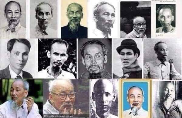 1. Nguyễn Sinh Cung, 1890. Đây là tên khai sinh tại làng Hoàng Trù, xã Chung Cự, tổng Lâm Thịnh, huyện Nam Đàn, tỉnh Nghệ An, nay thuộc xã Kim Liên, huyện Nam Đàn, tỉnh Nghệ An. 2. Nguyễn Sinh Côn. Trong một bài viết của Hồ Chí Minh, năm 1954, Hồ cũng ghi tên còn nhỏ của mình là Nguyễn Sinh Côn. 3. Nguyễn Tất Thành, 1901. Tháng 9, 1901, nhân dịp ông Nguyễn Sinh Sắc, cha Nguyễn Sinh Cung, chuyển về sống ở làng Kim Liên, ông có làm lễ “chào làng” cho hai con trai với tên mới là Nguyễn Tất Đạt (Sinh Khiêm) và Nguyễn Tất Thành (Sinh Cung). 4. Nguyễn Văn Thành 5. Nguyễn Bé Con. Trong tài liệu đề ngày 6 tháng 2, 1920 của Tổng đốc Vinh cung cấp về Nguyễn Sinh Sắc và hai con trai có ghi con trai thứ của Nguyễn Sinh Sắc là Nguyễn Bé Con. Tài liệu mật thám Pháp theo dõi hoạt động của Nguyễn Ái Quốc, bản ghi số 1116, 1931: Nguyễn Ái Quốc hay Nguyễn Tất Thành tức Nguyễn Sinh Côn hay Nguyễn Bé Con tức Lý Thụy… 6. Văn Ba, 1911. Ngày 5/6/1911 Nguyễn Tất Thành rời Việt Nam làm việc trên một chiếc Tàu Pháp. Trong sổ lương của tàu có tên Văn Ba. 7. Paul Tat Thanh, 1912. Ngày 15 tháng 12 năm 1912, Nguyễn Tất Thành từ New York gửi thư cho khâm sứ Trung Kỳ nhờ tìm địa chỉ của thân phụ là Nguyễn Sinh Huy. Lá thư ký tên Paul Tất Thành. 8. Tất Thành, 1914. Từ nước Anh Nguyễn Tất Thành gửi thư cho Phan Chu Trinh ký tên Tất Thành. Hiện có bốn lá thư được sưu tầm ký tên Tất Thành. Một thư ký Cuồng Điệt Tất Thành, ba thư ký C.Đ Tất Thành. 9. Paul Thanh, 1915. Ngày 16 tháng 4 năm 1915, Nguyễn Tất Thành viết thư cho toàn quyền Đông Dương qua lãnh sự Anh tại Saigon nhờ tìm địa chỉ cha mình. Thư ký tên Paul Thanh. 10. Nguyễn Ái Quốc, 1919. Tên này có khi Nguyễn Tất Thành ở Pháp cùng sinh hoạt chung với nhóm người gồm các ông Phan Chu Trinh, Phan Văn Trường, Nguyễn Thế Truyền, Nguyễn An Ninh. Nguyễn Tất Thành là người đến gia nhập nhóm sau cùng. 11. Phéc-đi-năng 12. Albert de Pouvourville, 1920. Báo Điện Tín Thuộc Địa có truyền đơn trích đoạn từ nhiều tờ báo có liên quan tới vấn đề Đông Dương. Người đăng ký tên Albert de Pouvourville. 13. Nguyễn A.Q., 1921-1926. Hai bài báo ký tên Nguyễn A.Q. có tựa “Hãy Yêu Mến Nước Pháp, Người Bảo Hộ Các Anh.” đăng trên báo Người Tự Do, ngày 7 đến 10, 1921. Nguyễn A.Q. còn được ký dưới tranh biếm hoạ ngày 1 tháng 8 năm 1926. 14. Culixe, 1922. Nguyễn Ái Quốc ký bút danh Culixe trong một bài viết trên L’Humanité ngày 18 tháng 3 năm 1922. 15. N.A.Q., 1922. Bút danh này trên báo Le Paria và L’Humanité từ 1922-1930. 16. Ng.A.Q., 1922. Bút danh này trên báo Le Paria từ 1922-1925. 17. Henri Tran, 1922. Henri Tchen là tên ghi trong thẻ đảng viên Đảng Cộng Sản Pháp của Nguyễn Ái Quốc. Số thẻ: 13861. 18. N., 1923. Nguyễn Ái Quốc dùng bút danh N. trong các năm 1923-1928 trên Le Paria. 19. Chen Vang, 1923. Ngày 13 tháng 6 năm 1923, Nguyễn Ái Quốc bí mật rời Paris đi Liên Sô, Tổ Quốc Cách Mạng. Ngày 16 tháng 6 năm 1923, Nguyễn Ái Quốc đến nước Đức. Tại đây, Nguyễn được cơ quan đặc mệnh toàn quyền Cộng Hòa Xã Hội Chủ Nghiã Sô Viết Liên Bang tại Berlin cấp cho giấy đi đường số 1829. Trong giấy này Nguyễn Ái Quốc mang tên Chen Vang. 20. Nguyễn, 1923. Bút danh này trong các năm 1923, 1924, 1928 trên Le Paria. 21. Chú Nguyễn, 1923. Thư này Nguyễn Ái Quốc gửi đến các bạn cùng hoạt động tại Pháp trước khi rời Paris đi Liên Sô. 22. Lin, 1924. Nguyễn Ái Quốc dùng tên Lin trong thời gian ở Liên Sô từ 1923-1924 và 1934-1939. Tên Lin xuất hiện lần đầu tiên trong bức điện thư gửi Ban Phương Đông của Quốc Tế Cộng Sản, đề ngày 14 tháng 4, 1924. Tháng 10 năm 1934, Lin được nhận vào trường Quốc Tế Lenin Liên Sô, năm học 1934-1935. Tên Lin số hiệu 375. Tháng 8 năm 1935, Lin dự đại hội lần thứ VII của Quốc Tế Cộng Sản. 23. Ái Quốc, 1924. Ái Quốc là tên ghi trong thẻ dự đại hội V Quốc Tế Cộng Sản, tháng 6 năm 1924. Tháng 8 năm 1927 Nguyễn Ái Quốc gửi đồng chí Francois Billous tấm bưu ảnh, trong đó ký tên Ái Quốc. Sau này còn một số thư khác với tên Ái Quốc. 24. Un Annamite, 1924. Bút danh Annamite được ký dưới một bài viết trên Le Paria. 25. Loo Shing Yan, 1924. Bài “Thư Từ Trung Quốc, số 1”, ngày 12 tháng 11 năm 1924, Nguyễn Ái Quốc viết về phong trào cách mạng Trung Quốc, sự thức tỉnh, giác ngộ cách mạng cho phụ nữ Trung Quốc, gửi tạp chí Rabotnhitxa. Trong bài này, Nguyễn Ái Quốc ký tên Loo Shing Yan, một nữ đảng viên Quốc Dân Đảng. Nguyễn Ái Quốc gửi thư cho ban biên tập tạp chí, ngày 12 tháng 11 năm 1924, giải thích: “Khi tôi còn ở Quốc Tế Cộng Sản, tôi rất phấn khởi được đôi lần cộng tác với tờ báo của các đồng chí. Nay muốn tiếp tục sự cộng tác ấy. Nhưng vì tôi ở đây hoạt động bất hợp pháp, cho nên tôi gửi bài cho các đồng chí dưới hình thức “Những bức thư từ Trung Quốc” và ký tên một phụ nữ. Tôi nghĩ rằng làm như vậy bài viết có tính chất độc đáo hơn và phong phú hơn đối với độc giả, đồng thời cũng đảm bảo giữ được tên thật của tôi”. 26. Ông Lu, 1924. Ngày 12 tháng 11 năm 1924, Nguyễn Ái Quốc viết thư gửi cho một đồng chí trong Quốc Tế Cộng Sản báo tin ông Lu đã đến Quảng Châu, Trung Quốc. Cuối thư đề điạ chỉ liên lạc: Ông Lu, Hãng thông tấn Roxta, Quảng Châu, Trung Quốc. Sau này trong nhiều thư khác Nguyễn Ái Quốc cũng ghi địa chỉ liên lạc là Ông Lu. 27. Lý Thụy, 1924. Nguyễn Ái Quốc dùng bí danh Lý Thụy trong thời gian hoạt động ở Trung Quốc. Ngày 11 tháng 11 năm 1924, Nguyễn Ái Quốc đến Quảng Châu với các giấy tờ tùy thân mang tên Lý Thụy. Trong bức thư gửi Quốc Tế Cộng Sản, ngày 18 tháng 12 năm 1924, Nguyễn Ái Quốc ghi ở cuối thư: “Trong lúc này tôi là một người Trung Quốc, chứ không phải là một người An Nam, và tên tôi là Lý Thụy chứ không phải là Nguyễn Ái Quốc”. 28. Lý An Nam, 1924-1925. Nguyễn Ái Quốc hoạt động ở Quảng Châu với bí danh Lý Thụy, làm phiên dịch trong văn phòng của Đoàn cố vấn Sô Viết. Lý Thụy cũng có biệt danh là Lý An Nam lúc này. 29. Nilopxki (N.A.Q.), 1924. Cuối năm 1924, Nguyễn Ái Quốc tới Quảng Châu, Trung Quốc, làm việc tại cơ quan của Borodin. Hiện sưu tầm được tất cả 6 lá thư Nguyễn Ái Quốc ký tên Nilopxki. 30. Vương, 1925. Là giảng viên huấn luyện chính trị tại Quảng Châu, Nguyễn Ái Quốc lấy tên là Vương. Vương cũng là bí danh để bắt liên lạc với Nguyễn Lương Bằng ở Trung Quốc, 1925. 31. L.T., 1925. Nguyễn Ái Quốc ký tên L.T. gửi thư cho ông H (Thượng Huyền) ngày 9 tháng 4 năm 1925. Sau ngày Nguyễn Ái Quốc còn viết khoảng 15 bài trên báo Nhân Dân với bút hiệu L.T. từ các năm 1949, 1957, 1958, 1960. 32. Howang T.S., 1925. Ngày 2 tháng 5 năm 1925, Nguyễn Ái Quốc lấy bút hiệu Howang viết về đại hội công nhân và nông dân. 33. Z.A.C., 1925. Bút hiệu này được đăng trên báo Thanh Niên. 34. Lý Mỗ, 1925. Báo Công Nhân Chi Lộ Đặc Hiệu, số 20, ra ngày 14 tháng 7 năm 1925, đã đưa tin một người Việt Nam gia nhập đội diễn thuyết và để giữ bí mật, Nguyễn Ái Quốc có tên là Lý Mỗ. 35. Trương Nhược Trừng, 1925. 36. Vương Sơn Nhi, 1925. Viết trên báo Thanh Niên với bút danh Vương Sơn Nhi, Trương Nhược Trừng. 37. Vương Đạt Nhân, 1926. Với bút danh này, Nguyễn Ái Quốc được Đoàn Chủ Tịch Đại Hội đại biểu toàn quốc lần thứ 2 của Quốc Dân Đảng Trung Quốc mời đến dự và phát biểu ý kiến. Ngày họp là 14 tháng 1 năm 1926. 38. Mộng Liên, 1926. Mộng Liên được ký dưới bài viết “Mục Dành Cho Phụ Nữ” đăng trên báo Thanh Niên, số 40, ngày 4 tháng 4 năm 1926. 39. X., 1926. Bút danh này dùng trong các năm 1926, 1927. X. viết loạt bài nhan đề “Các Sự Biến Ở Trung Quốc”, đăng trên 7 số báo L’Annam. 40. H.T., 1926. Cùng với bút danh Mộng Liên, H.T. là bút danh của Nguyễn Ái Quốc viết bài cho báo Thanh Niên. “Còn một số bút danh khác như Hạ Sĩ, Hương Mộng, Diệu Hương v.v.. có thể cũng là bút danh của Nguyễn Ái Quốc, bởi lúc đó chưa có nhiều người viết bài cho báo Thanh Niên”. 41. Tống Thiệu Tổ, 1926. Theo hồi ký của một số người hoạt động ở Quảng Châu, Trung Quốc, Tống Thiệu Tổ là bí danh của Nguyễn Ái Quốc khi ông ta hoạt động ở Quảng Châu, Trung Quốc. 42. X.X., 1926. Nguyễn Ái Quốc ký bút danh này trên một bài đăng trong Inprekorr, số 91, ngày 14 tháng 8 năm 1926. 43. Wang, 1927. Bài viết dưới bút danh Wang được đăng trên Thư Tín Quốc Tế (Inprekorr). 44. N.K., 1927. Cũng trong Thư Tín Quốc Tế. 45. N. Ái Quốc, 1927. 46. Liwang, 1927. Ngày 16 tháng 12 năm 1927, từ Berlin Nguyễn Ái Quốc viết thư cho Đoàn Chủ Tịch Quốc Tế Nông Dân, đề nghị giúp đỡ tiền để về nước. Thư viết: “Trong 2 hoặc 3 tuần nữa tôi sẽ trở về đất nước tôi. Chuyến đi của tôi tốn chừng 500 dollars Mỹ. Vì tôi không có tiền nên tôi mong các đồng chí giúp tôi”. Thư ký tên N. Ái Quốc. Trong thư, Nguyễn Ái Quốc đề nghị nếu có tiền xin gửi đến Uỷ Ban Trung Ương của Đảng Cộng Sản Đức, chuyển cho “Liwang.” 47. Ông Lai, 1927. Cũng trong thư gửi Đoàn Chủ Tịch Quốc Tế Nông Dân, ngày 16 tháng 12 năm 1927, Nguyễn Ái Quốc ghi địa chỉ trả lời thư: M. Lai, chez M. Eckshtein, 21, Halle Chactrasse, Berlin. 48. A.P., 1927. A.P. viết bài “Văn Minh Pháp ở Đông Dương” trên Inprekorr. 49. N.A.K., 1928. Trong thư gửi Quốc Tế Nông Dân đề ngày 3 tháng 2 năm 1928. 50. Nguyễn Lai, 1928. Với thẻ nhập cảnh mang tên Nguyễn Lai, một Hoa kiều, Nguyễn Ái Quốc đặt chân tới đất Xiêm (Thái Lan). 51. Thọ, 1928 52. Nam Sơn, 1928. Tại Thaí Lan khi họp với người Việt cư ngụ tại Thái Lan, Nguyễn Ái Quốc tự giới thiệu là Thọ, biệt hiệu Nam Sơn. 53. Chín (Thầu Chín), 1928. Đầu tháng 8 năm 1928, Nguyễn Ái Quốc tới Udon, Thái Lan, ông lấy tên là Chín. Mọi người gọi là Thầu Chín hay ông già Chín. 54. Victor Lebon, 1930. Victor Lebon, 123 av. de la République, Paris, France là điạ chỉ Nguyễn Ái Quốc ghi để nhận thư của đại diện Đảng Cộng Sản Pháp tại Quốc Tế cộng Sản và các đồng chí trong Đảng Cộng Sản Liên Sô. Ngày 27 tháng 2 năm 1930, Nguyễn Ái Quốc gủi thư cho đại diện Đảng Cộng Sản Pháp tại Quốc Tế Cộng Sản thông báo về việc Đảng Cộng Sản Việt Nam được thành lập, yêu cầu được cung cấp tài liệu để tuyên truyền và giáo dục, đồng thời đề nghị Đảng Cộng Sản Pháp giúp đỡ v.v.. Nguyễn Ái Quốc ghi điạ chỉ nhận thư của mình như ghi trên. 55. Ông Lý(Lee), 1930. Mr. Lee, The HongKong Shiao Fih Pao, 53, Wyndham Str, HongKong là tên và địa chỉ để nhận sách báo. Với tên và địa chỉ này Nguyễn Ái Quốc gửi cho đại diện Đảng Cộng Sản Mỹ ngày 27 tháng 2 năm 1930. 56. Ng. Ái Quốc, 1930. 57. L.M.Vang, 1930. Ngày 27 tháng 2 năm 1930, Nguyễn Ái Quốc gửi thư cho văn phòng đại diện Đảng Cộng Sản Đức ở Quốc Tế Cộng Sản đề nghị xin cho ông ta một giấy chứng nhận là phóng viên báo Thế Giới. Thư ký tên Ng. Ái Quốc. Trong thư ông viết: “ Trong hoàn cảnh tôi sống không hợp pháp, tôi cần có một nghề để nói với người khác. Tội đóng vai phóng viên báo chí. Nhưng cần phải chứng thực danh nghĩa đó của tôi. Trong số tất cả các báo của Đảng chúng ta, tôi thấy chỉ có mỗi một tờ báo không mang cái tên “có tính chất lật đổ” và có thể cấp cho tôi một giấy chứng nhận thuận tiện, đó là báo Thế Giới. Tôi đề nghị các đồng chí xin cho tôi một giấy chứng nhận là phóng viên báo Thế Giới. Tên của tôi sẽ là L.M. Wang.” 58. Tiết Nguyệt Lâm, 1930. Cũng trong thư Nguyễn Ái Quốc xin giấy chứng nhận là phóng viên báo Thế Giới, ông ghi địa chỉ để nhận là: Mr. Sit-yet-um, Wah-jon C, 136 wanchai R, HongKong. 59. Paul, 1930. Ngày 27 tháng 2 năm 1930, Nguyễn Ái Quốc viết thư gửi đồng chí Sota, liên đoàn chống đế quốc tại Berlin, thông báo về việc Đảng Cộng Sản Việt Nam đã được thành lập. Thư ký tên Paul. Còn một số thư khác cũng được ký tên Paul. 60. T.V. Wang, 1930. Ngày 2 tháng 3 năm 1930, Nguyễn Ái Quốc viết thư gửi Ban Phương Đông, Quốc Tế Cộng Sản báo cáo về tình hình Mã Lai, Đông Dương và việc gửi 3 học sinh đi học. Cuối thư đề nghị “có thể mua cho tôi hối phiếu của công ty xe lửa tốc hành Mỹ đề tên T.V.Wang và gửi bưu điện cho tôi.” 61. Công Nhân, 1930. Bút danh này trong bài viết “Tranh Thủ Quần Chúng Như Thế Nào?” đăng trên báo Vô Sản, cơ quan ngôn luận của Đảng Cộng Sản Việt Nam, số 1, ra ngày 31 tháng 8 năm 1930. 62. Victo, 1930. Bí danh Victo trong bức thư đề ngày 29 tháng 9 năm 1930 gửi Ban Chấp Hành Quốc Tế Cộng Sản báo cáo về cuộc đấu tranh từ ngày 11 đến 17 tháng 9 năm 1930 của nông dân các tỉnh Thanh Chương, Hưng Nguyên, Nghệ An…. 63. V., 1931. Ngày 19 tháng 2 năm 1931, với bí danh V., Nguyễn Ái Quốc viết bài “Nghệ Tỉnh Đỏ”. V. đồng thời gửi báo cáo cho Ban Phương Đông, ngày 8 tháng 2 năm 1931, liên quan đến chỉ thị việc tổ chức Đảng Cộng Sản Đông Dương. 64. K., 1931. Nguyễn Ái Quốc viết thư gửi Ban Phương Đông ngày 21 tháng 2 năm 1931, ký tên K., trong thư báo tin Lý Tự Trọng bắn chết mật thám Legrant và đã bị bắt. Nguyển Ái Quốc đề nghị Ban Phương Đông liên lạc với Đảng Cộng Sản Pháp tổ chức biểu tình đòi thả Lý Tự Trọng. 65. Đông Dương, 1931. Bút hiệu này được đăng trên bài viết “Kỷ Niệm Một Năm Khởi Nghĩa Yên Bái” đăng trên Tạp Chí Thư Tín Quốc Tế, 1931, số 12. 66. Quac E. Wen, 1931. 67. K.V., 1931. Nguyễn Ái Quốc dùng bí danh K.V. từ 1931. Bí danh này được nhắc đến trong thư gửi Ban Chấp Hành Trung Ương Đảng Cộng Sản Đông Dương. Đầu thư đề ngày 23 tháng 4, cuối thư đề 24 tháng 4. K.V. thông báo những cán bộ được cử về nước theo đường dây liên lạc, nhắc nhở công tác bảo vệ Đảng, giữ gìn bí mật, duy trì chế độ báo cáo giữa Đảng Cộng Sản Đông Dương với Quốc Tế Cộng Sản và đề nghị Trung ương ghi nhận nhiệm vụ của mình đã được Ban Phương Đông xác định. Năm 1959, K.V. trong bài “Người Cháu Nuôi của Bác” đăng trên báo Nhân Dân ngày 27 tháng 12 năm 1959. 68. Lão Trịnh, 1931. Trong báo cáo của cơ quan an ninh Pháp về hoạt động của Nguyễn Ái Quốc, thời gian trước khi bị bắt ở Hongkong (1918/1931), có một đọan ghi như sau: “ghi chú về vấn đề người cộng sản An Nam Nguyễn Ái Quốc tức Nguyễn Tất Thành, gọi là Lý Thụy, Vương Sơn Nhi, Lão Trịnh, Năm, Lý Phát, Viên, Tống Văn Sơ bị bắt ở phố Cửu Long ngày 6 tháng 6 năm 1931”. 69. Năm, 1931. 70. Lý Phát, 1931. 71. Viên, 1931. 72. Tống Văn Sơ, 1931. Tống Văn Sơ là tên ghi trong thẻ căn cước của Nguyễn Ái Quốc khi ông ta bị bắt ở số 186, phố Tam Lung, Hongkong, ngày 6 tháng 6 năm 1931. “Một chiến dịch điên cuồng tìm diệt cộng sản được chúng (Pháp và Anh) phát động trên quy mô lớn khắp vùng Đông Nam Á.” 73. New Man, 1933. Bí danh này được gửi cho luật sư Lôdơbi, người đã có công giúp Tống Văn Sơ ra khỏi nhà tù Anh ở Hongkong. 74. Linov, 1934. Tại Viện Nghiên Cứu các vấn đề thuộc địa, năm học 1934-1935. 75. Teng Man Huon, 1935.Tháng 8 năm 1935, Nguyễn Ái Quốc tham dự đại hội lần thứ 7 Quốc Tế Cộng Sản. Trong bản kê khai để tham dự đại hội ngày 16 tháng 8, ông có ghi: Họ, tên, bí danh trong đảng hiện nay: Teng Man Huon. Họ tên bí danh trong đại hội: Lin. Thẻ mang số 154 ghi tên: Lin, thuộc Đảng CS Đông Dương. 76. Hồ Quang, 1938. Hoạt động ở Trung Quốc cuối năm 1938. Nhờ quan hệ Liên Sô và Trung Quốc nên Nguyễn Ái Quốc qua Trung Quốc dễ dàng. Tại Lan Châu thủ phủ tỉnh Cam Túc, Tây Bắc Trung Quốc, Nguyễn Ái Quốc mang phù hiệu Bát lộ quân, quân hàm thiếu tá và giấy tờ mang tên Hồ Quang. 77. P.C. Lin (P.C. Line), 1938. Từ Trung Quốc Nguyễn Ái Quốc viết hằng chục bài gửi về nước đăng trên Notre Voix, ký tên P.C. Lin, P.C. Line, Line (đều là của Lin). 78. D.C. Lin, 1939. Bút hiệu D.C. Lin có bài viết trên báo Dân Chúng xuất bản tại Saigon. Báo đăng liên tiếp ba số 46, 47, 48 ngày 21-28 tháng 8 năm 1939. 79. Lâm Tam Xuyên, 1939. Từ Quế Lâm, Trung Quốc, Nguyễn Ái Quốc viết thư gửi một đồng chí ở Ban Phương Đông Quốc Tế Cộng Sản, thư đề ngày 20 tháng 4 năm 1939. Cuối thư, sau dòng chữ bằng tiếng Pháp là chữ Hán viết tay: Quảng Tây, Quế Lâm, Quế Tây lộ tam thập ngũ hiệu Tân Hoa nhật báo chuyển giao Lâm Tam Xuyên tiên sinh. (Tân Hoa nhật báo , số nhà 35, đường Quế Lâm, Quế Tây, Quảng Tây, chuyển cho ông Lâm Tam Xuyên.) 80. Ông Trần, 1940. Cuối tháng 2 năm 1940, Nguyễn Ái Quốc với bí danh Ông Trần đến hiệu dầu cù là Vĩnh An Đường ở Côn Minh, Vân Nam, Trung Quốc, bắt liên lạc với tổ chức cộng sản Việt Nam ở Vân Nam để từ đó tìm cách trở về nước. 81. Bình Sơn, 1940. Từ 15 tháng 11 đến 18 tháng 12 năm 1940, với bút hiệu Bình Sơn, Nguyễn Ái Quốc viết 12 bài đăng trên Cứu Vong Nhật Báo (Trung Quốc). 82. Đi Đông. Tên này được Nguyễn Ái Quốc kể lại trong bài báo “Đồng Chí Đi Đông” đăng trên Cứu Quốc. 83. Cúng Sáu Sán, 1941. Ngày 28 tháng 1 năm 1941, người dân tại Pác Bó gọi Nguyễn Ái Quốc là Cúng Sáu Sán nghĩa là ông già ở rừng. 84. Già Thu, 1941. Tại hang Pac Bo, cán bộ gọi Nguyễn Ái Quốc là Già Thu. ( ghi chú của người viết: Còn “Chú Thu” dành riêng cho nữ cán bộ người Tầy Nông Thị Ngác, “Chú Thu, Cháu Trưng hay Ngác” trong các sách báo khác hay đề cập tới thì sao?) 85. Kim Oanh, 1941. Bút danh của Nguyễn Ái Quốc ký dưới bài thơ “Phụ Nữ” đăng trên báo Việt Nam Độc Lập, số 104, ra ngày 1 tháng 9 năm 1941.Bài viết nêu những tấm gương anh hùng của phụ nữ Việt Nam từ Bà Trưng, Bà Triệu đến Nguyễn Thị Minh Khai. Kim Oanh kêu gọi chị em phụ nữ cần đòan kết lại để đấu tranh. 86. Bé Con, 1941. Bút danh Bé Con được ký dưới bài thơ “Trẻ Con” đăng trên Việt Nam Độc Lập, số 106, ngày 21 tháng 9 năm 1941. 87. Ông Cụ, 1941. Các năm 1940-1945, cán bộ cộng sản đồng hành với Nguyễn Ái Quốc thường gọi ông ta là Ông Cụ. 88. Hoàng Quốc Tuấn, 1941. Tên này được các đồng chí của Nguyễn Ái Quốc tự đặt. 89. Bác, 1941. Tên gọi “Bác” xuất hiện từ dịp họp hội nghị Trung Ương lần thứ 8, tháng 5 năm 1941 ở Pắc Bó, Hà Quảng, Cao Bằng. 90. Thu Sơn, 1942. Tháng 1 năm 1942, với bí danh Thu Sơn, Nguyễn Ái Quốc chuyển đến nhà Xích Thắng tức Dương Mạc Thạch tại châu Nguyên Bình, Cao Bằng trong một số ngày. 91. Xung Phong, 1942. Bút danh này Nguyễn Ái Quốc ký dưới hai bài thơ “Tặng Thống Chế Pê Tanh” và “Nhóm Lửa” đăng trên Việt Nam Độc Lập, số 131, ngày 11 tháng 7 năm 1942, số 133 ngày 1 tháng 8 năm1942. 92. Hồ Chí Minh, 1942. Để đánh lạc hướng khi hoạt động tại Trung Quốc, Nguyễn Ái Quốc lấy tên mới là Hồ Chí Minh. Ngày 13 tháng 8 năm 1942, Hồ Chí Minh đi Trung Quốc. Ngày 27 tháng 8 năm 1942 tại Túc Vinh Hồ Chí Minh bị bắt. Khi kiểm soát giấy tờ thì thấy thẻ hội viên Hồ Chí Minh là “Hội Ký Giả Thanh Niên Trung Quốc.” Hồ Chí Minh bị phe Tưởng Giới Thạch nghi ngờ là gián điệp cộng sản và bị bắt giải đi giam qua 13 huyện thị của tỉnh Quảng Tây. Ngày 10 tháng 9 năm 1943 Hồ Chí Minh được thả. 93. Hy Sinh, 1942. Với bút hiệu Hy Sinh, Hồ Chí Minh làm bài thơ “Chơi Giăng” đăng trên báo Việt Nam Độc Lập, số 134, ngày 21 tháng 8 năm 1942. 94. Cụ Hoàng, 1945. Cuối tháng 2 năm 1945, Hồ Chí Minh đi Côn Minh với ý định gặp các cơ quan của Mỹ để tranh thủ sự ủng hộ và giúp đỡ của đồng minh chống phát xít đối với nhóm của Hồ Chí Minh. Khi đến Bixichai, Hồ Chí Minh được giới thiệu là “Cụ Hoàng”. Đây cũng là tên công khai của Hồ Chí Minh trên giấy tờ khi đi giao thiệp. 95. C.M.Hồ, 1945. Hồ Chí Minh ký tên C.M. Hồ dưới thư gửi ông Fenn, ông Tam vào tháng 7 và 8 năm 1945. 96. Chiến Thắng, 1945. Bút danh này Hồ Chí Minh viết bài đăng trên báo Cứu Quốc. Báo này là cơ quan của Tổng bộ Việt Minh, xuất bản số 1 ngày 25 tháng 1 năm 1942. Sau ngày 19 tháng 8 năm 1945, báo này được chuyển về Hà Nội, xuất bản công khai từ số 31 ngày 24 tháng 8 năm 1945. Hồ Chí Minh viết khoảng 400 bài trên báo Cứu Quốc. Bút danh Đ.X. được sử dụng nhiều nhất. 97. Ông Ké, 1945. Chiều cuối tháng 4 năm 1945, Hồ Chí Minh trong bộ áo chàm người Nùng đến chiếc lán ở Pác Tẻng (chân núi Lam Sơn, Cao Bằng) của gia đình đồng chí Hoàng Đức Triều (An Định). Hồ Chí Minh được giới thiệu là “đồng chí Ông Ké.” Với bí danh Ông Ké, Hồ Chí Minh thường họp với Hoàng Quốc Việt, Vũ Anh, Phạm Văn Đồng, Đặng Việt Châu, Dương Đức Hiền, Đặng Văn Cáp. 98. Hồ Chủ Tịch, 1945. Tên này có sau khi tuyên bố có “Chính Phủ Việt Nam Dân Chủ Cộng Hoà”. 99. Hồ, 1945. Hồ Chí Minh ký tên Hồ dước các thư gửi các ông Becna và Fenn đề ngày 9 tháng 5 năm 1945 và 9 tháng 6 năm 1945, cám ơn về sự giúp đỡ các học viên lớp vô tuyến điện, nhờ ông Fenn liên lạc chuyển giúp gói quà có lá cờ của đồng minh đến cho Hồ bằng cách nhanh nhất. 100. Q.T., 1945. Với bút hiệu Q.T. , Hồ Chí Minh viết 10 bài đăng trên báo Cứu Quốc trong các năm 1945-1946. 101. Q.Th., 1945. Với bút hiệu này Hồ Chí Minh viết 14 bài đăng trên báo Cưú Quốc trong các năm 1945-1946. Bài đầu tiên ký tên Q.Th. là “Thế Giới với Việt Nam,” báo số 130, ngày 31 tháng 12 năm 1945. 102. Lucius, 1945. Tên mật do tổ chức OSS đặt cho Hồ Chí Minh khi ông ta làm việc cho cơ quan tình báo OSS của Hoa Kỳ. 103. Bác Hồ, 1946. Nhiều thư ký tên “Bác Hồ” gửi cho các thanh thiếu niên, học sinh.”Bác Hồ” cũng được quần chúng sử dụng rộng rãi, trong sách báo, học đường. 104. H.C.M., 1946. H.C.M. được ký dưới thư gửi cho đồng chí của Hồ Chí Minh là Morixo Tore, tổng bí thư Đảng Cộng Sản Pháp, năm 1946. 105. Đ.H., 1946. Bút danh này Hồ Chí Minh viết tập “Nhật Ký Hành Trình của Chủ Tịch Hồ Chí Minh Bốn Tháng Sang Pháp”, năm 1946. 106. Xuân, 1946. Trên đường di chuyển từ Hà Nội qua Sơn Tây, Phú Thọ, để trở lại chiến khu Việt Bắc trong những ngày đầu có chiến tranh với Pháp, Hồ Chí Minh đã nghỉ lại ở nhà ông Hoàng Văn Nguyên ở xóm Đồi, xã Cổ Tiết, huyện Tam Nông, tỉnh Phú Thọ từ ngày 4 tháng 3 năm 1947 đến 18 tháng 3 năm 1947. Thời gian ở đây, Hồ Chí Minh lấy bí danh là Xuân trong các giấy tờ giao dịch. 107. Một Người Việt Nam, 1946. Đây là bút danh của Hồ Chí Minh ký dưới một bài viết “Hoa Việt Thân Thiện”, tháng 12 năm 1946. 108. Tân Sinh, 1947. Bút danh này Hồ Chí Minh dùng trong một số tác phẩm vào các năm 1947-1948, như “Đời Sống Mới”, “Nêu Cao và Thực Hành Cần Kiệm Liêm Chính Tức Là Nhen Lửa Cho Đời Sống Mới,” “Việt Bắc Anh Dũng.” 109. Anh, 1947. Ngày 20 tháng 8 năm 1947, Hồ Chí Minh gửi thư cho ông Nguyễn Khánh Toàn. 110. X.Y.Z., 1947. Bút danh này được dùng từ 1947-1950 trong các sách “Sửa Đổi Lối Làm Việc”, tháng 10 năm 1947. Sách viết về “xây dựng Đảng” dựa theo cách chỉ dẫn của Lenin. Cũng với bút danh này, Hồ Chí Minh viết bài cho báo Sự Thật vào các năm 1948-1950. Bài “Dân Vận”, số báo 120, ngày 15 tháng 10 năm 1949. 111. A., 1947. Mật danh A., 1947 dùng trong bức thư gửi đồng chí Hoàng Hữu Nam. 112. A.G., 1947. Bút danh A.G. Hồ Chí Minh dùng viết bài trong các năm 1947-1050. “Cán Bộ Tốt và Cán Bộ Xoàng” là bài đầu tiên trên báo Sự Thật, số 77 năm 1947. 113. Z., 1947. Theo cuốn nhật ký của ông Lê Văn Hiến, lúc làm bộ trưởng tài chánh, mật danh Z. là của Hồ Chí Minh dùng trong năm 1947. 114. Lê Quyết Thắng, 1948. “Cần Kiệm Liêm Chính” đăng trên báo Cứu Quốc số ra ngày 30, 31 tháng 5 và 1,2 tháng 6 năm 1949. Sau đó in thành sách cũng với bút hiệu Lê Quyết Thắng. 115. K.T., 1948. Tháng 2 năm 1948, bút danh K.T., Hồ Chí Minh dịch hai bài thơ chữ Hán. 116. K.Đ., 1948. Ngày 2 tháng 5 năm 1948, Hồ Chí Minh dùng bí danh K.Đ. viết thư gửi đồng chí Hoàng Quốc Việt căn dặn về việc ra báo vào tháng 5. Để tuyên truyền, K.Đ. làm bài thơ với danh nghĩa là đội trưởng dân quân du kích Mán và đề nghị đăng bài thơ này chung với thơ của Tố Hữu, Xuân Diệu. 117. G., 1949. G. viết bài mỉa mai bà Tống Mỹ Linh khi qua Mỹ trong bài “Thêu Gấm và Cho Than” đăng trên báo Sự Thật. G. còn các bài viêt khác như “Bệnh Khẩu Hiệu” trên báo Cứu Quốc, ngày 15 tháng 3 năm 1949, số 1191, nêu lên tầm quan trọng của khẩu hiệu trong công tác tuyên truyền, cổ động, và đồng thời cũng không nên đưa ra quá nhiều khẩu hiệu khó hiểu, daì dòng, không thiết thực. 118. Trần Thắng Lợi, 1949. Hồ Chí Minh dùng bút danh Trần Thắng Lợi viết bài “Đảng Ta” đăng trên tạp chí Sinh Hoạt Nội Bộ số 13, tháng 1 năm 1949. 119. Trần Lực, 1949. Bút danh Trần Lực được Hồ Chí Minh dùng trong các năm 1949-1958 và 1961. Trần Lực đã viết gần 70 bài báo và các tác phẩm ngắn như “Giấc Ngủ 10 Năm”, “Liên Xô Vĩ Đại”, “Đạo Đức Cách Mạng”… 120. H.G., 1949. Trên báo Cứu Quốc, Hồ Chí Minh dùng bút hiệu H.G. viết bài “Trở Lại Vấn Đề Thi Đua Ái Quốc”, số 14, ngày 8 tháng 7 năm 1949. 121. Lê Nhân, 1949. Với bút hiệu này, Hồ Chí Minh viết bài “Thất Bại và Thành Công”, đăng trên báo Sự Thật ngày 19 tháng 8 năm 1949. Bài viết này cho chương mục “Sửa Đổi Lối Làm Việc”. 122. T.T., 1949. Bút danh này Hồ Chí Minh ký dưới bài viết “Hồ Chủ Tịch và Văn Nghệ”. 123. Đanh, 1950. Bút danh này Hồ Chí Minh dùng trong các năm1950, 1953, với các bài “Thư Ký Mặt Trận Liên Việt Địa Phương”, … 124. Đinh, 1950. Bí danh Đinh, Hồ Chí Minh ký dưới thư gửi Thủ Tướng Trung Cộng Chu Ân Lai, tháng 3, 1950. Cũng bí danh Đinh, Hồ Chí Minh gửi thư cho Đặng Đỉnh Siêu bên Trung Cộng, Trần Canh ngày 9 tháng 10, 1950. 125. T.L., 1950. Bút danh T.L., Hồ Chí Minh dùng trong thời gian 1950-1969, qua gần 250 bài báo đăng trên Sự Thật, Nhân Dân. 126. Chí Minh, 1950. Ngày 9 tháng 11 năm 1950 khi nghe tin người anh là Nguyễn Sinh Khiêm mất, Hồ Chí Minh viết một điện thư chia buồn dòng họ Nguyễn Sinh. Cuối điện thư, ký tên Chí Minh. 127. CB., 1951. Bút danh này dùng từ 1951-1957 qua gần 700 bài báo đăng trên Nhân Dân. “Người Đảng Viên Lao Động Việt Nam Phải Như Thế Nào”, trên Nhân Dân, số 2, ngày 25 tháng 3 năm 1951. “Liên Sô Vĩ Đại” báo Nhân Dân, số 12, ngày 21 tháng 6 năm 1951. 128. H., 1951. Hồ Chí Minh gửi thư cho ông Xuphanuvong (Lào) đề ngày 10 tháng 5 năm 1951, bằng tiếng Pháp, ký tên H. 129. Đ.X., 1951. Bút danh này Hồ Chí Minh dùng từ năm 1951-1955, bài đăng trên báo Cứu Quốc. 130. V.K., 1951. Bút danh V.K., Hồ Chí Minh dùng trong các năm 1951, 1960, 1961. “Bệnh Cá Nhân Địa Vị” đăng trên báo Nhân Dân, ngày 9 tháng 8, 1951. “Về Sự Lục Đục của Mỹ và Diệm” đăng trên Nhân Dân, số 2818, ngày 9 tháng 12, 1961. 131. Nhân Dân, 1951. Bút danh Nhân Dân đăng bài “Chúc Mừng Ngày Kỷ Niệm Lần Thứ 34 Cách Mạng Tháng Mười” trên báo Nhân Dân , ngày 5 tháng 11, 1951. “Nhân Dân Việt Nam Chúc Mừng Ngày Kỷ Niệm Đảng Cộng Sản Trung Quốc” đăng trên Nhân Dân, ngày 1-3 tháng 7 năm 1954. 132. N.T., 1951. Với bút danh N.T., Hồ Chí Minh viết bài “Phát Ngôn của Chính Phủ Nhân Tiếp Các Nhà Báo”, ngày 22 tháng 12 năm 1951. 133. Nguyễn Du Kích, 1951. Hồ Chí Minh dùng bút danh Nguyễn Du Kích viết cuốn “Tỉnh Uỷ Bí Mật” dựa vào chuyện của Liên Sô. 134. Nguyên, 1953. Bút danh này dùng trong bài “Thư Từ Việt Nam – Những Con Voi là Những Con Muỗi”, 3/1953, gửi đăng báo Temps Nouveax (Thời Mới,Liên Sô). Hồ Chí Minh gửi thư cho chú Thận (Trường Chinh) ký tên Nguyên. 135. Hồng Liên, 1953. Hồ Chí Minh dùng bút danh phụ nữ viết bài “Nhân Dịp Đại Hội Phụ Nữ Quốc Tế” đăng trên báo Cứu Quốc, số 2362, ngày 19 tháng 6 năm 1953. 136. Nguyễn Thao Lược, 1954. Nguyễn Thao Lược là bút danh Hồ Chí Minh dùng viết bài “Đẩy Mạnh Phong Trào Du Kích”, đăng trên báo Nhân Dân, số ra ngày 16 – 20 tháng 1 năm 1954. Tác giả khẳng định “biết địch biết ta, trăm trận trăm thắng.” 137. Lê, 1954. Hồ Chí Minh lấy bút danh Lê trong bài “Bức Thư Ngỏ Gửi Thủ Tướng Pháp Mangdet Phorangxo”, trên báo Nhân Dân, số 284, ngày 9 tháng 12 năm 1954. 138. Tân Trào, 1954. Bút danh Tân Trào Hồ Chí Minh ký dưới bài “Giải Phóng Đài Loan”, đăng trên báo Nhân Dân, số 218, ngày 25 – 27 tháng 8 năm 1954. 139. H.B., 1955. Hồ Chí Minh dùng bút danh H.B. viết bài “Có Phê Bình Phải Biết Tự Phê Bình”, đăng trên Nhân Dân, số 488, ngày 4 tháng 7 năm 1955. 140. Nguyễn Tâm, 1957. Bút danh Nguyễn Tâm viết bài “Quyển Nhật Ký Trong Ngục của Bác.” Bài này Hồ Chí Minh viết nhân dịp sinh nhật của ông ta, 19 tháng 5 năm 1957. 141. K.C., 1957. Bút hiệu này Hồ Chí Minh dùng các năm 1957, 1958 qua 4 bài báo xung quanh việc Mỹ phóng vệ tinh nhân tạo. 142. Chiến Sỹ, 1958. Từ 1958-1968, Hồ Chí Minh dùng bút hiệu Chiến Sỹ viết hơn 80 bài báo đăng trên Nhân Dân và Quân Đội Nhân Dân. Đa số các bài viết lên án Mỹ và các bài viết ca ngợi như bài “Thanh Niên Anh Hùng Lý Tự Trọng.” 143. T., 1958. Bút danh T. Hồ Chí Minh dùng viết bài “Phong Trào Vệ Sinh Yêu Nước Đang Sôi Nổi tại Trung Quốc” đăng trên báo Nhân Dân, ngày 29 tháng 1 năm 1958. 144.Thu Giang, 1959. Hồ Chí Minh ký bút danh Thu Giang trong bài “Bác Đến Thăm Côn Minh” trên báo Nhân Dân, ngày 12 tháng 4 năm 1959. 145. Nguyên Hảo Studiant, 1959. Hồ Chí Minh dùng bí danh này viết thư gửi giáo sư Ivan Duycel (Bungari) ngày 10 tháng 4 năm 1959. 146. Ph.K.A., 1959. Bút danh này Hồ Chí Minh viết bài “Cuộc Nghỉ Hè 2 Vạn 3 Nghìn Cây Số” về chuyến đi thăm và nghỉ hè tại Trung Cộng và Liên Sô, trên báo Nhân Dân, số 2038, ngày 15 tháng 10 năm 1959. 147. C.K., 1960. Hồ Chí Minh dùng bút danh C.K. viết bài “Bắt Đầu Hai Chữ” đăng trên báo Nhân Dân, ngày 14 tháng 1 năm 1960, về hạnh cần kiệm để xây dựng chủ nghĩa xã hội. 148. Tuyết Lan, 1960. 149. Jean Fort, 1960. Hồ Chí Minh dùng bút hiệu Tuyết Lan viết bài “Ba Chai Rượu Sâm Banh” đăng trên báo Nhân Dân, số 2331, ngày 27 tháng 4 năm 1960. Dưới hình thức dịch lại bức thư của một công nhân tên là Jean Fort, ở Algerie, gửi cho tác giả nói về tình cảm của một người bạn quốc tế đối với Nguyễn Ái Quốc thời ký ở Paris và những năm sau này. 150. Trần Lam, 1960. Trần Lam viết bài “Chuyện Giả Mà Có Thật” đăng trên báo Nhân Dân, số 2242, ngày 9 tháng 5 năm 1960. Hồ Chí Minh lấy bút hiệu này viết bài về hoạt động của Nguyễn Ái Quốc tại Thái Lan. 151. Một người Việt kiều ở Pháp về, 1960. Hồ Chí Minh ký dưới bài “Vài Mẩu Chuyện Trong Hồi Bác Sang Thăm Pháp.” 152. K.K.T., 1960. Hồ Chí Minh dùng bút hiệu này viết bài “Tinh Thần Yêu Nước và Tinh Thần Quốc Tế.” 153. T.Lan, 1961. Bút danh T. Lan Hồ Chí Minh dùng trong tác phẩm “Vừa Đi Đường Vừa Kể Chuyện Một Mình”, đăng nhiều lần trên báo Nhân Dân, tháng 5, 7, 8 năm 1961. Một bài báo khác nhan đề “Bác Ăn Tết Với Chúng Tôi” đăng trên Nhân Dân, ngày 14 tháng 2 năm 1961. 154. Luật sư Th. Lam, 1961. Bút danh này Hồ Chí Minh viết bài “Kính Hỏi Uỷ Ban Quốc Tế Giám Sát và Kiểm Sát” đăng trên báo Nhân Dân, ngày 5 tháng 8 năm 1961, liên quan về hiệp định Geneve. 155. Ly, 1961.Hố Chí Minh dùng bí danh Ly gửi bức địên đề ngày 13 tháng 12 năm 1961, đến đồng chí Ai dit, chủ tịch Ban Chấp Hành Trung Ương Đảng Cộng Sản Indonesia. 156. Lê Thanh Long, 1963. Bút danh này viết bài “Nhân Dịp Mừng Đảng 33 tuổi,” đăng trên báo Nhân Dân, ngày 4 tháng 2 năm 1963. Hồ Chí Minh viết bài này về Đảng Lao Động Việt Nam và sự giúp đỡ của các Đảng anh em đối với Đảng Lao Động Việt Nam. 157. CH-KOPP (Alabama), 1963. Bút danh này của Hồ Chí Minh viết bài “Chó Mỹ Da Trắng Cắn Mỹ Da Đen” đăng trên Nhân Dân , ngày 30 tháng 4 năm 1963. 158. Than Lan, 1963. Bút danh này Hồ Chí Minh dùng viết bài “Đại Hội Phụ Nữ Quốc Tế,” đăng trên báo Nhân Dân, số 3377, ngày 26 tháng 6 năm 1963. Bài viết về buổi họp phụ nữ tại Moscow. 159. Ng. Văn Trung, 1963.Hồ Chí Minh dùng bút danh này viết bài “Phải Chăng Rồng Lấy Nước”, tháng 6 năm 1963. 160. Ngô Tâm, 1963. Ngày 7 tháng 9 năm 1963, Hồ Chí Minh viết thư gửi Lê Duẩn, ký tên Ngô Tâm. 161. Nguyễn Kim, 1963. Hồ Chí Minh lấy bút danh Nguyễn Kim trong bài “Thư Bạn Đọc” đăng trên báo Nhân Dân, ngày 7 tháng 12 năm 1963. 162. Dân Việt, 1964. Hồ Chí Minh lấy bút hiệu Dân Việt viết bài “Thư Ngỏ Gửi Ngài Ngoại Trưởng Anh Cát Lợi” đăng trên báo Nhân Dân, ngày 22 tháng 1 năm 1964. 163. Đinh Văn Hảo, 1964. Bút danh này Hồ Chí Minh viết thư gửi “chủ bút báo Tân Việt Hoa” ngày 2 tháng 5 năm 1964. 164. C.S., 1964. Hồ Chí Minh lấy bút hiệu C.S. viết bài “Chó Mỹ” đăng trên Nhân Dân, ngày 10 tháng 9 năm 1964. 165. Lê Nông, 1964. Bút danh này dùng trong các năm 1964-1966. “Một Mẫu Tây Gặt Được 13 Tấn Thóc”, đăng trên Nhân Dân, từ 15-18 tháng 9 năm 1964. 166. L.K., 1964. Hồ Chí Minh dùng bút danh L.K. viết bài “Báo Chí Anh Lột Trần Âm Mưu của Mỹ ở Việt Nam.” 167. K.O., 1965. Hồ Chí Minh ký bút danh K.O. trong bài “Người Mới Việc Mới” đăng trên báo Nhân Dân, ngày 10 tháng 9 năm 1965. Bài viết về gương người làm việc tốt được “Bác Hồ” thưởng huy hiệu. 168. Lê Ba, 1966. Bút danh Lê Ba Hồ Chí Minh dùng viết thư “Trả Lời Ông Men Xphin Thượng Nghị Sĩ Mỹ” đăng trên Nhân Dân, số 4407, ngày 30 tháng 4 năm 1966. Bài viết kêu gọi Hoa Kỳ ngưng chiến tại Việt Nam. 169. La Lập, 1966. Hồ Chí Minh dùng bút danh La Lập viết bài “Tổng Giôn Phạm Tội Ác Tày Trời” đăng trên Nhân Dân, số 4508, ngày 10 tháng 8 năm 1966. 170. Nói Thật, 1966. Hồ Chí Minh dùng bút danh này viết 4 bài báo đăng trong báo Nhân Dân năm 1966. 171. Chiến Đấu, 1967.Trong thời gian Hồ Chí Minh chữa bệnh tại Trung Cộng, ông viết 2 bài báo với bút danh Chiến Đấu. Một bài có tựa “Lại Thêm Một Thắng Lợi To Lớn của Trung Quốc Anh Em”, đăng trên Nhân Dân, số 4823, ngày 24 tháng 6 năm 1967. 172. B., 1968. Ngày 10 tháng 3 năm 1968, Hồ Chí Minh gửi thư cho Lê Duẩn, ký tên B. Nội dung thư liên hệ về việc Hồ Chí Minh đi thăm miền Nam. Trong những năm 60, bí danh B. cũng được dùng để gửi thư các đồng chí trong bộ chính trị. 173. Việt Hồng, 1968. Hồ Chí Minh ký bút danh Việt Hồng viết bài “Vừa Đi Đường Vừa Kể Chuyện Về Các Mác” đăng trên Nhân Dân, số 5137, ngày 5 tháng 5 năm 1968. 174. Đinh Nhất, 1968. Tháng 5 năm 1964, Hồ Chí Minh đi Côn Minh dùng bí danh này. Hồ Chí Minh gửi thư Chu Ân Lai và Đặng Dĩnh Siêu, ngày 25 tháng 5 năm 1968, cũng dùng bí danh Đinh Nhất. 175. Trần Dân Tiên. Gần đây các nhà nghiên cứu và sưu tầm cho rằng Chủ tịch Hồ Chí Minh đã từng dùng bí danh hoặc bút danh này, tuy nhiên vẫn chưa rõ được dùng vào thời điểm và bối cảnh cụ thể nào. Hiện vẫn còn khoảng 30 tên gọi, bí danh, bút danh được cho là của Hồ Chí Minh, nhưng chưa có cơ sở để khẳng định chắc chắn hoặc chứng minh cụ thể Bác đã dùng vào thời gian nào, trong trường hợp nào, nên vẫn chưa thể công bố chính thức. Chúng tôi sẽ tiếp tục sưu tầm và giới thiệu đến độc giả. Nguồn: Ban Tư liệu – Văn kiện – dangcongsan.vn Trích dẫn từ Trang điện tử Nhà Văn hóa Thanh niên TP. Hồ Chí Minh.